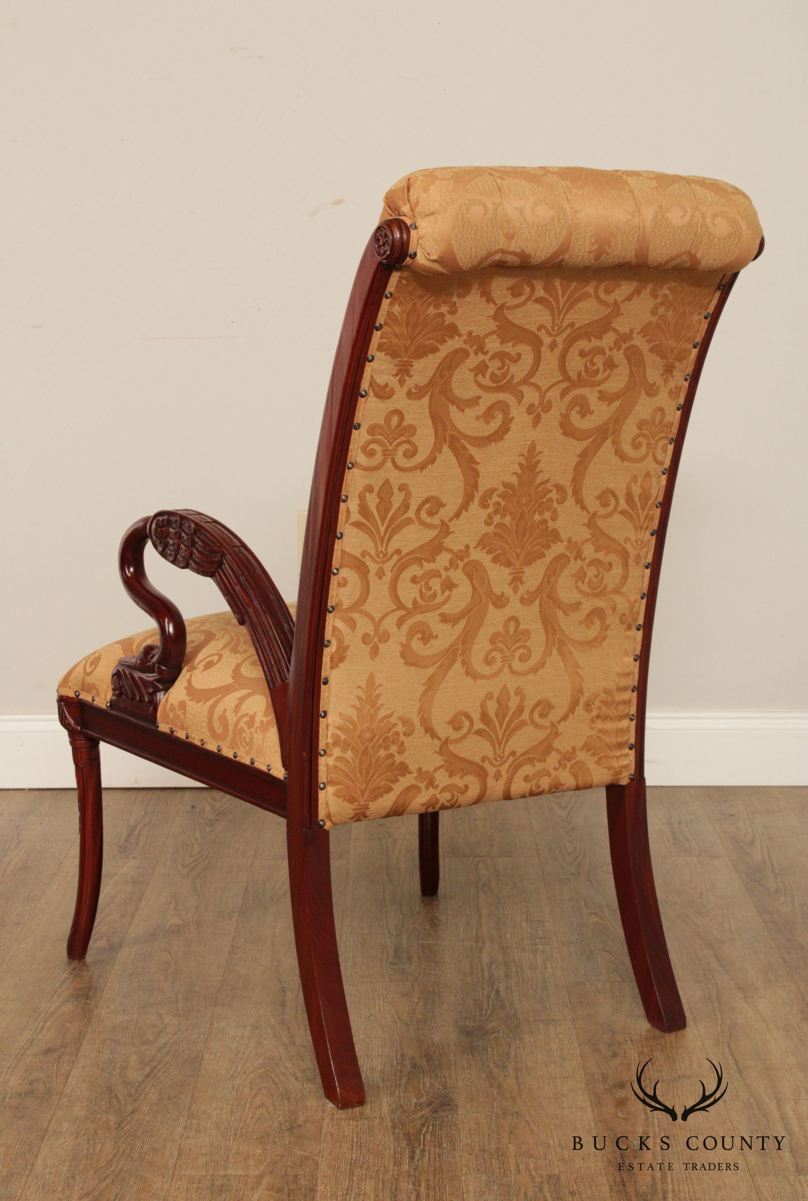 French Regency Style Pair Carved Mahogany Frame Armchairs