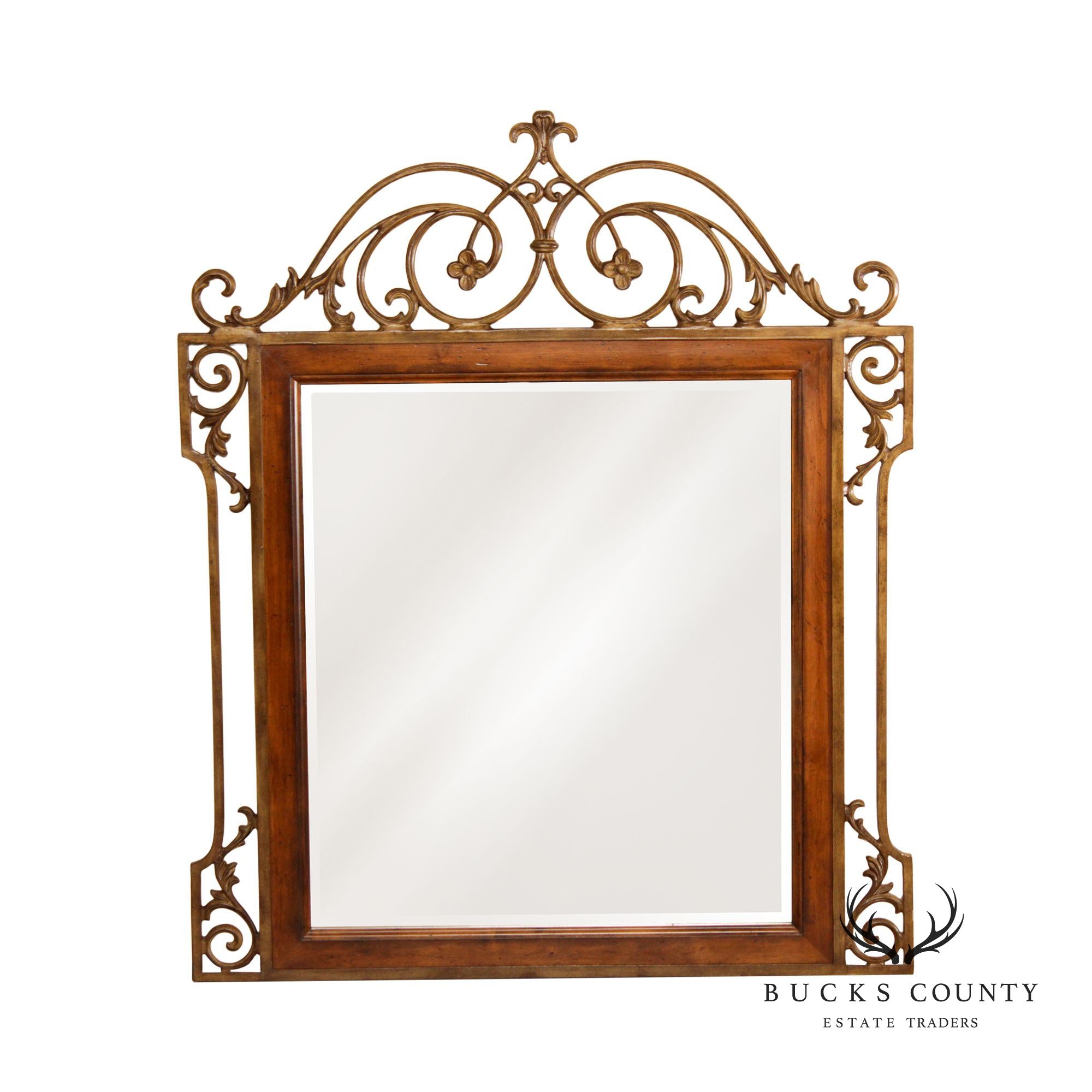 Tuscan Style Scrolled Iron Work and Wood Frame Wall Mirror