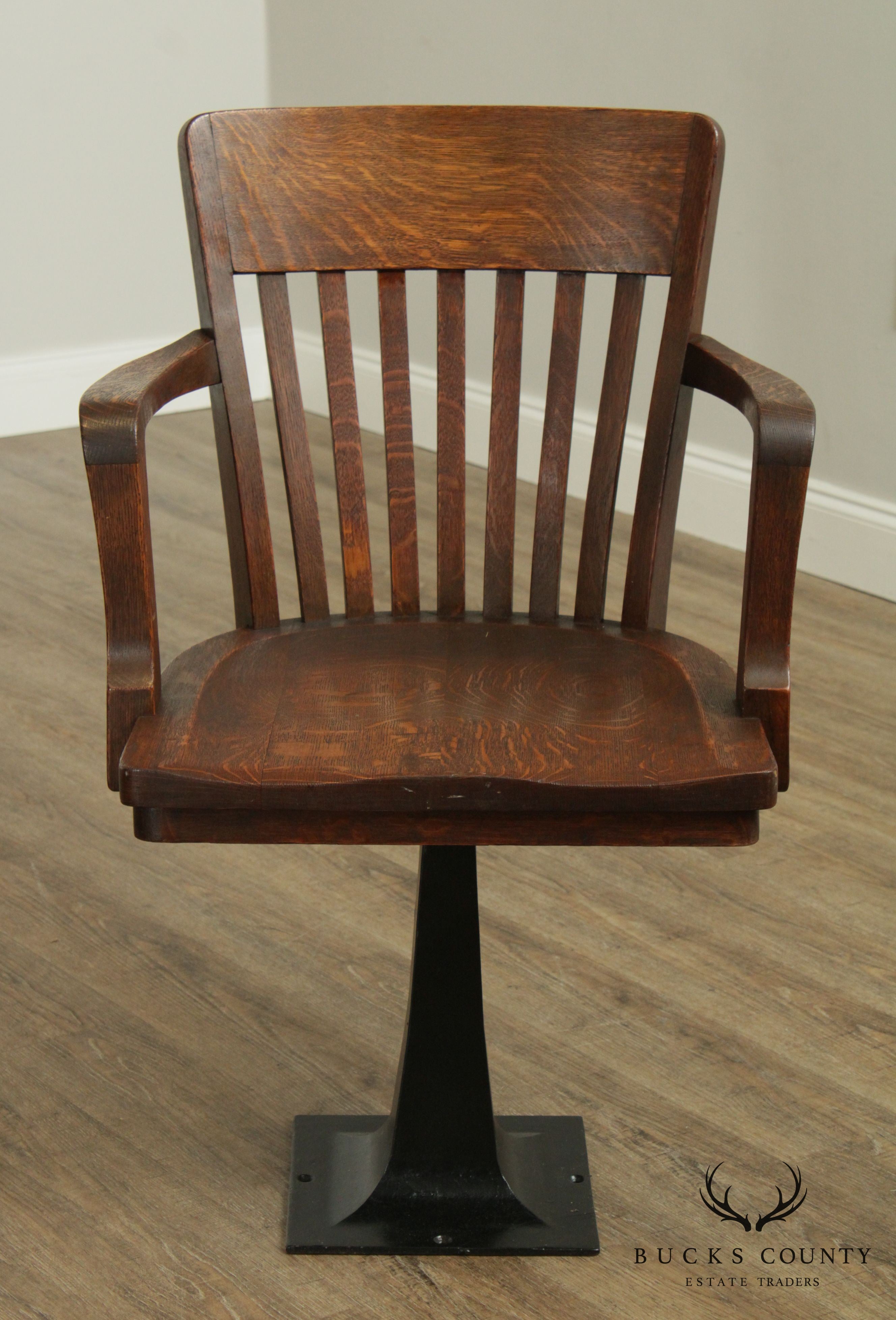 Antique Pair Mission Oak Swivel Armchairs, Iron Bases