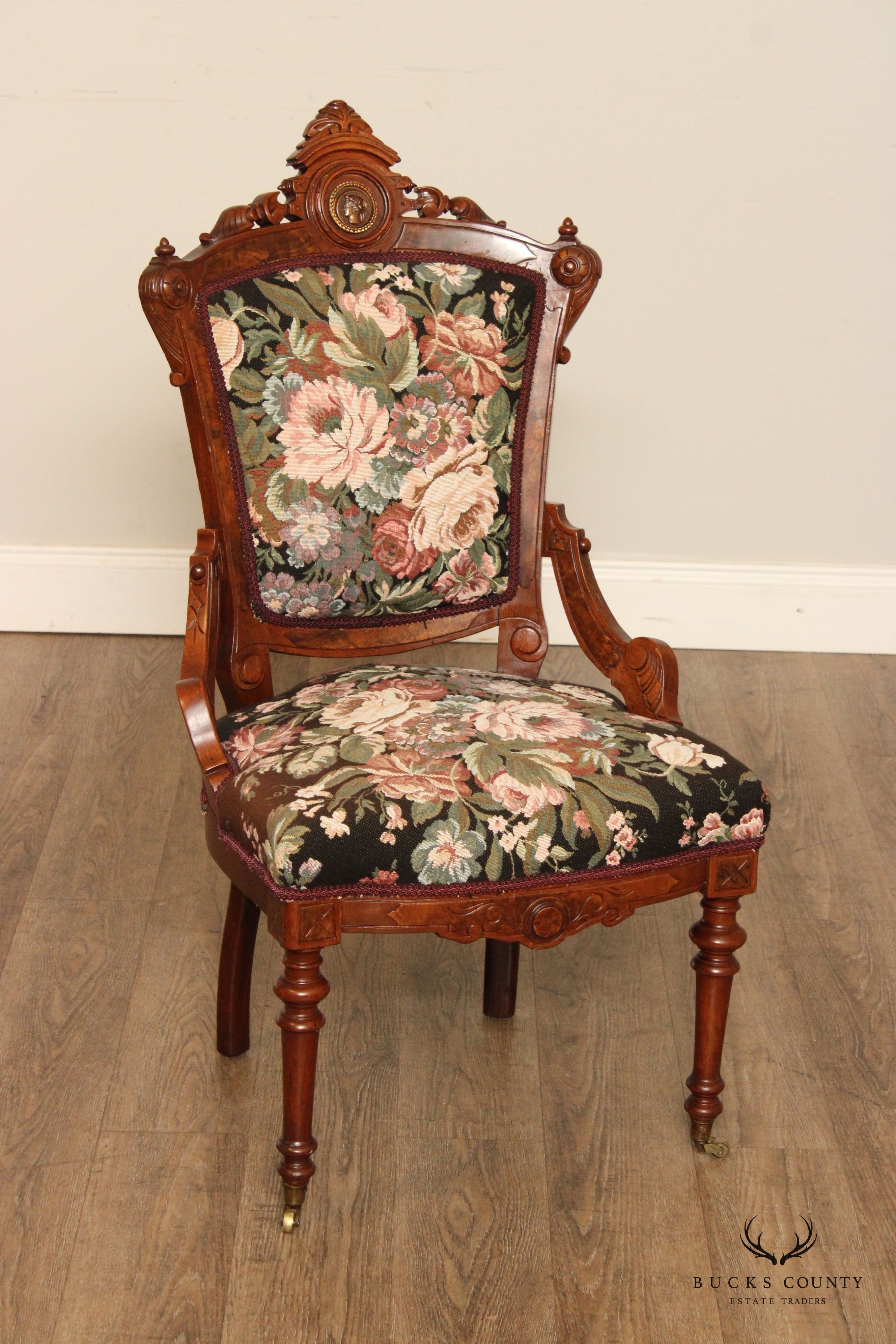 Antique Renaissance Revival Pair of Carved Walnut Armchairs