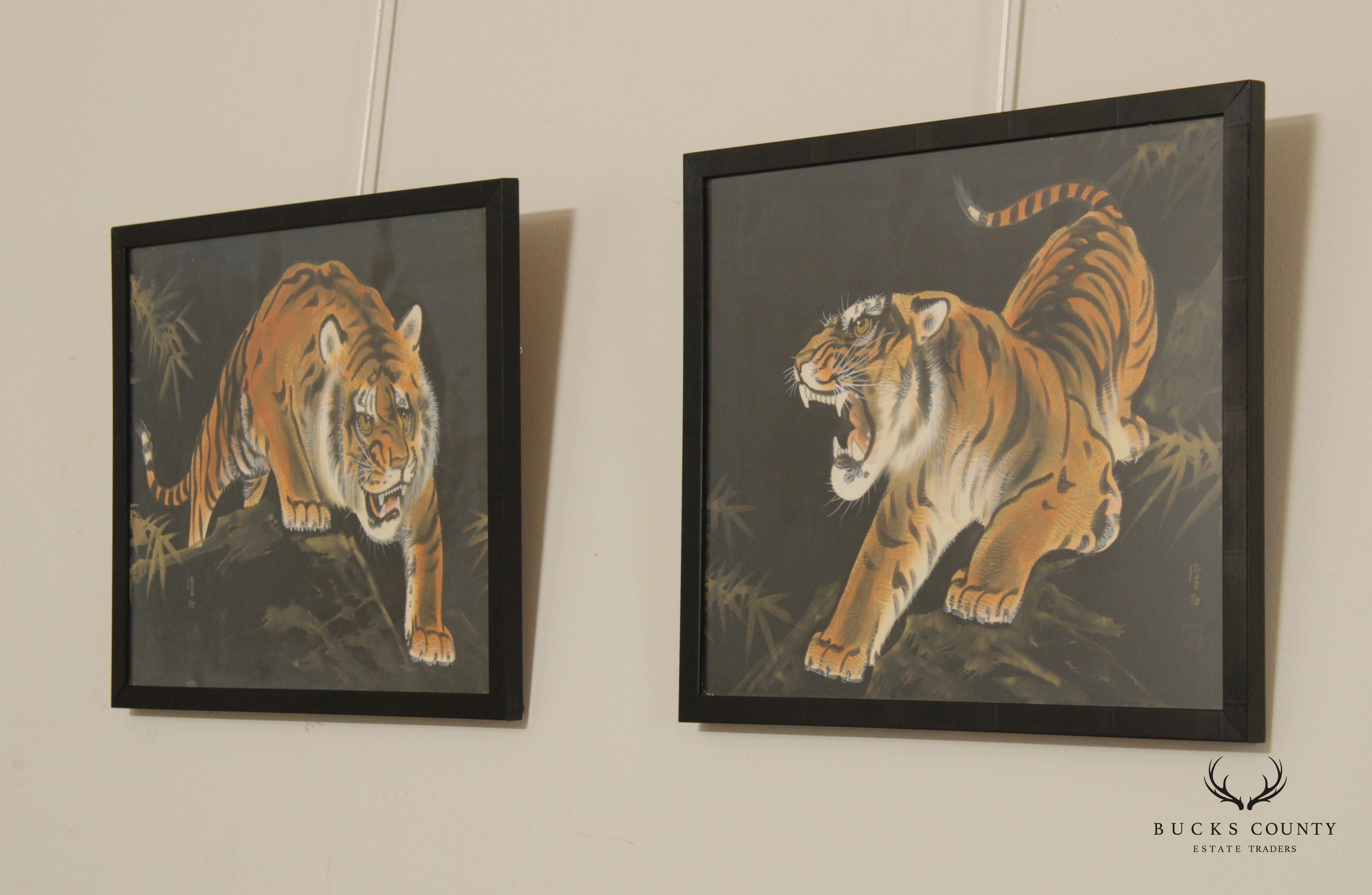 Vintage Chinese Pair of Crouching Tiger Silk Paintings