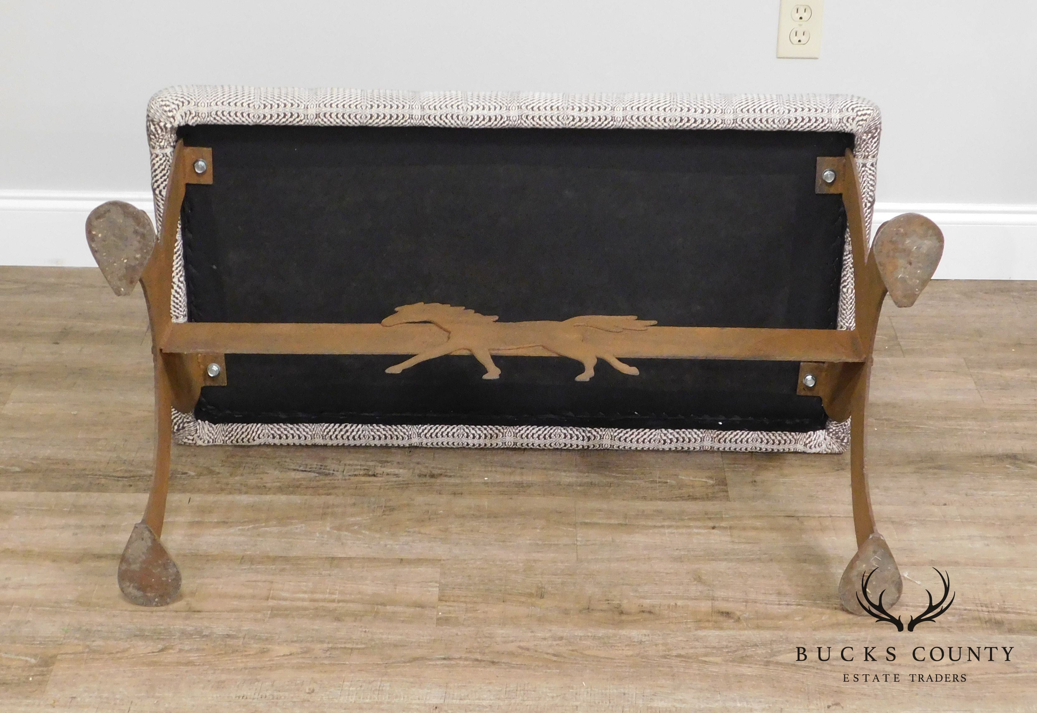 Vintage Weathered Steel X Base Bench With Horse