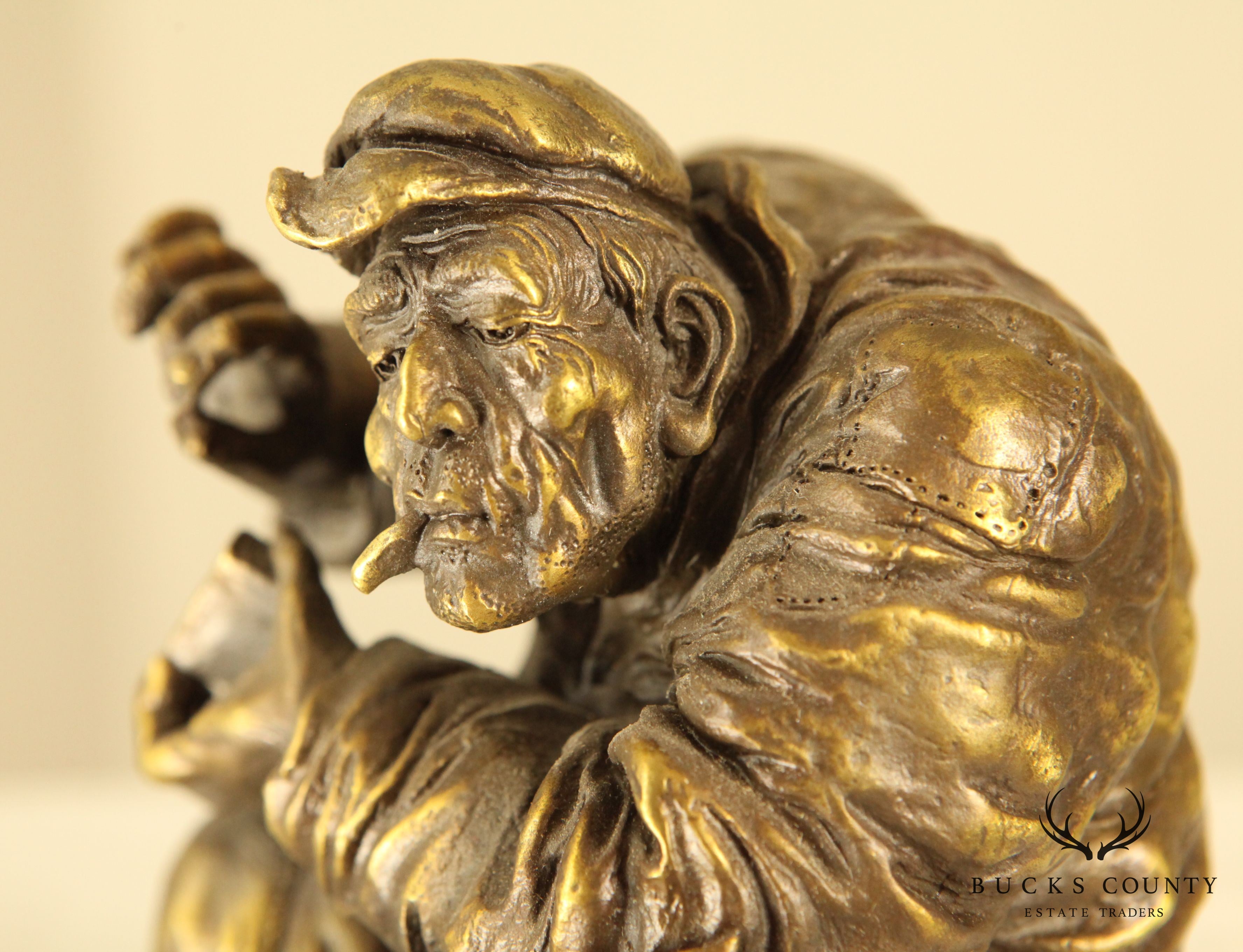 Atlie Bronze Figure of an Old Man Reading, Striking Match for Cigarette