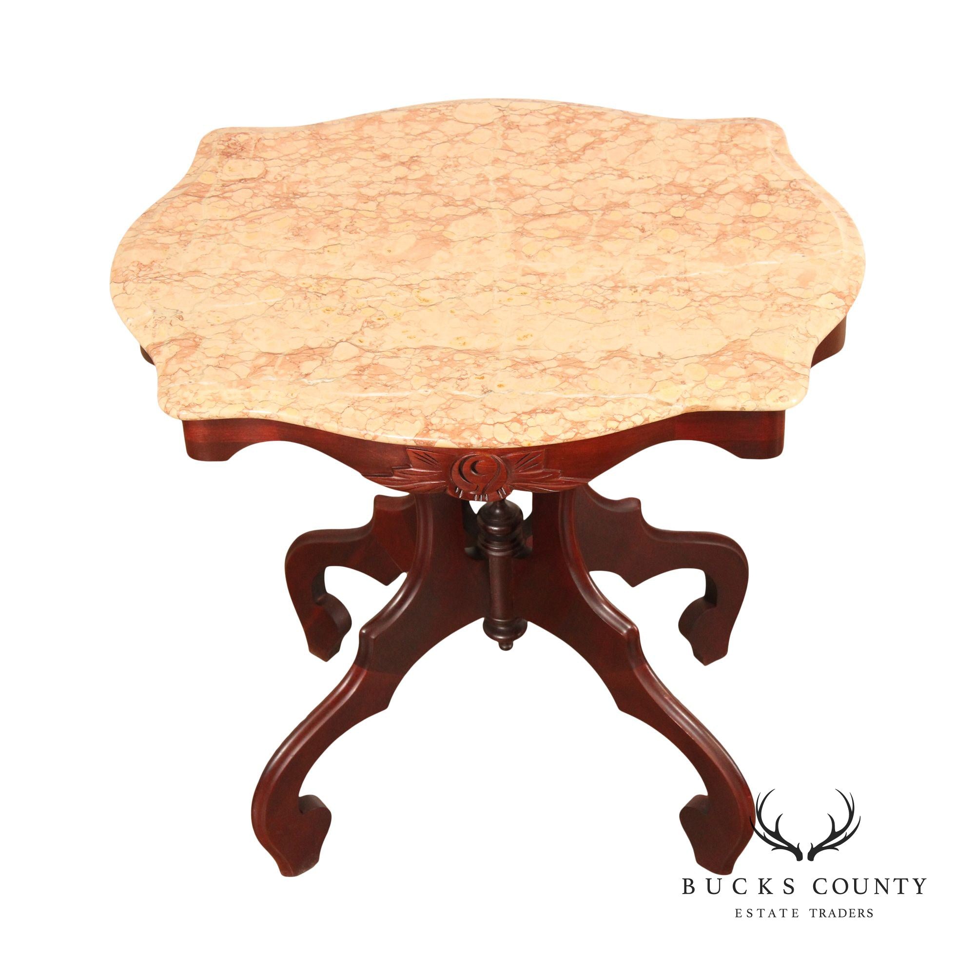 Victorian Style Italian Marble Top Carved Mahogany Side Table