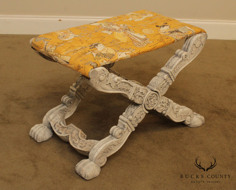 Italian Baroque Style Carved Pair X Base Benches or Stools