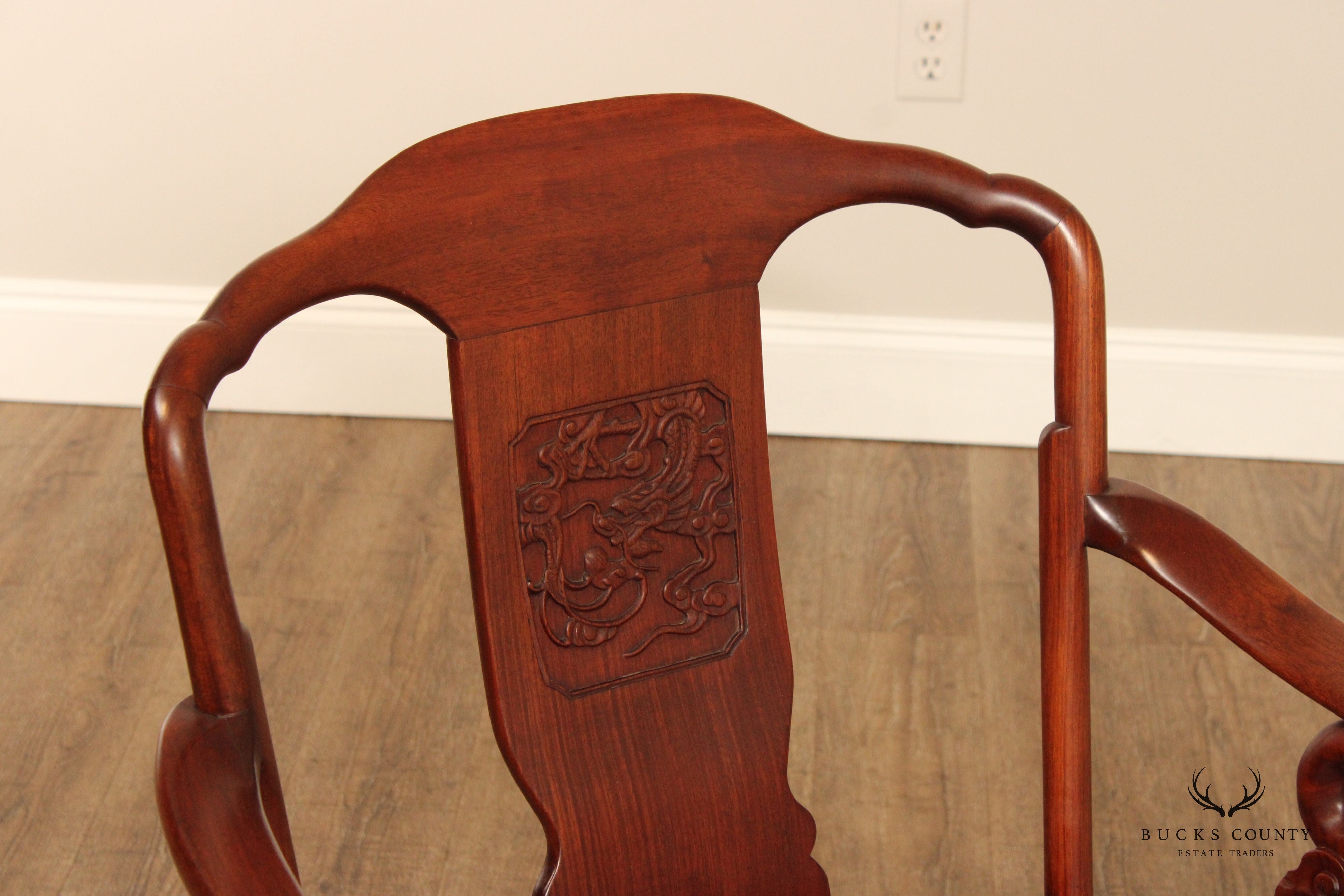 Chinese Pair of Carved Mahogany Throne Armchairs