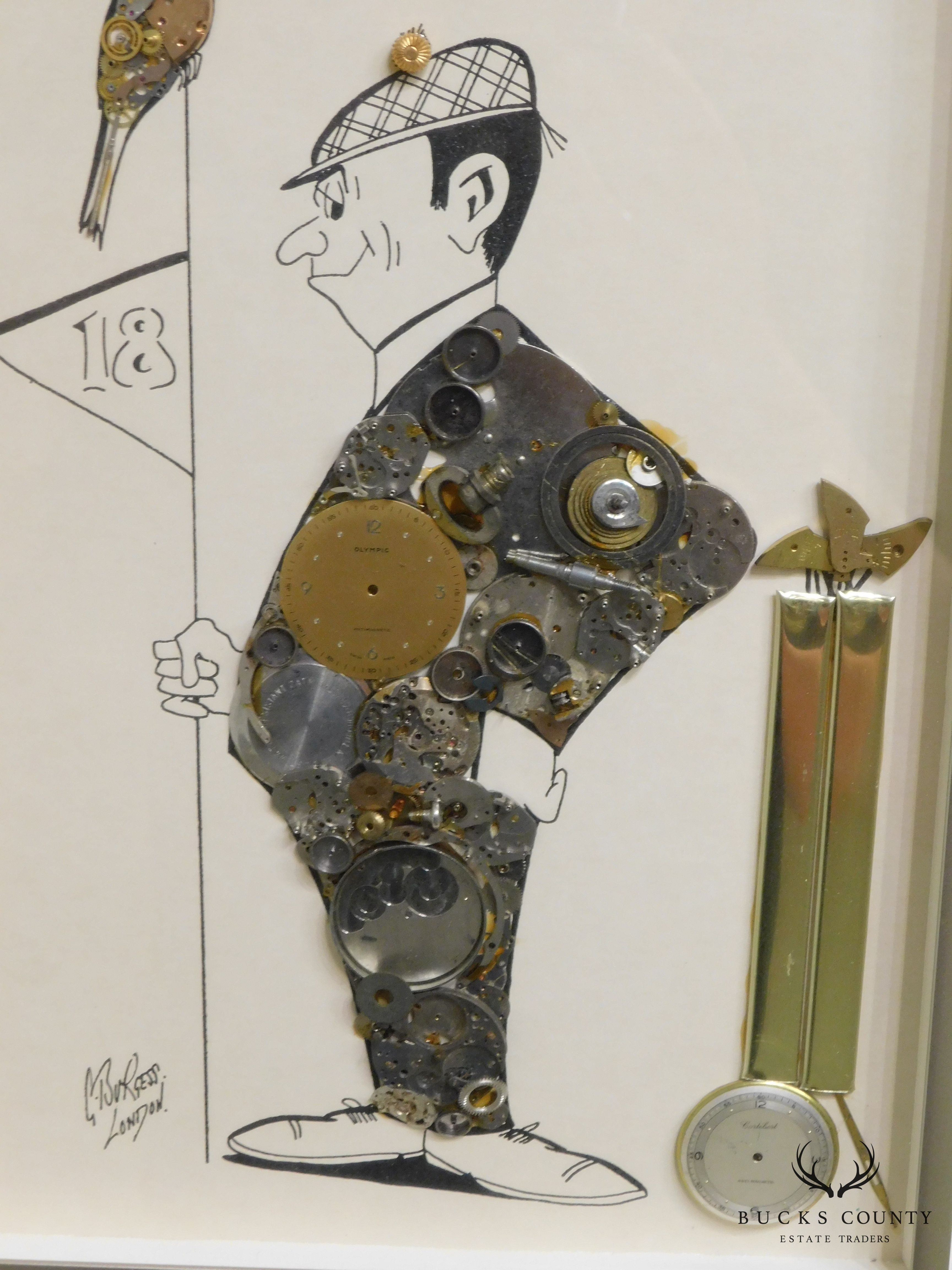 Framed Horological Collage Signed G. Burgess, London. Golfer at 18th Hole with Birdie