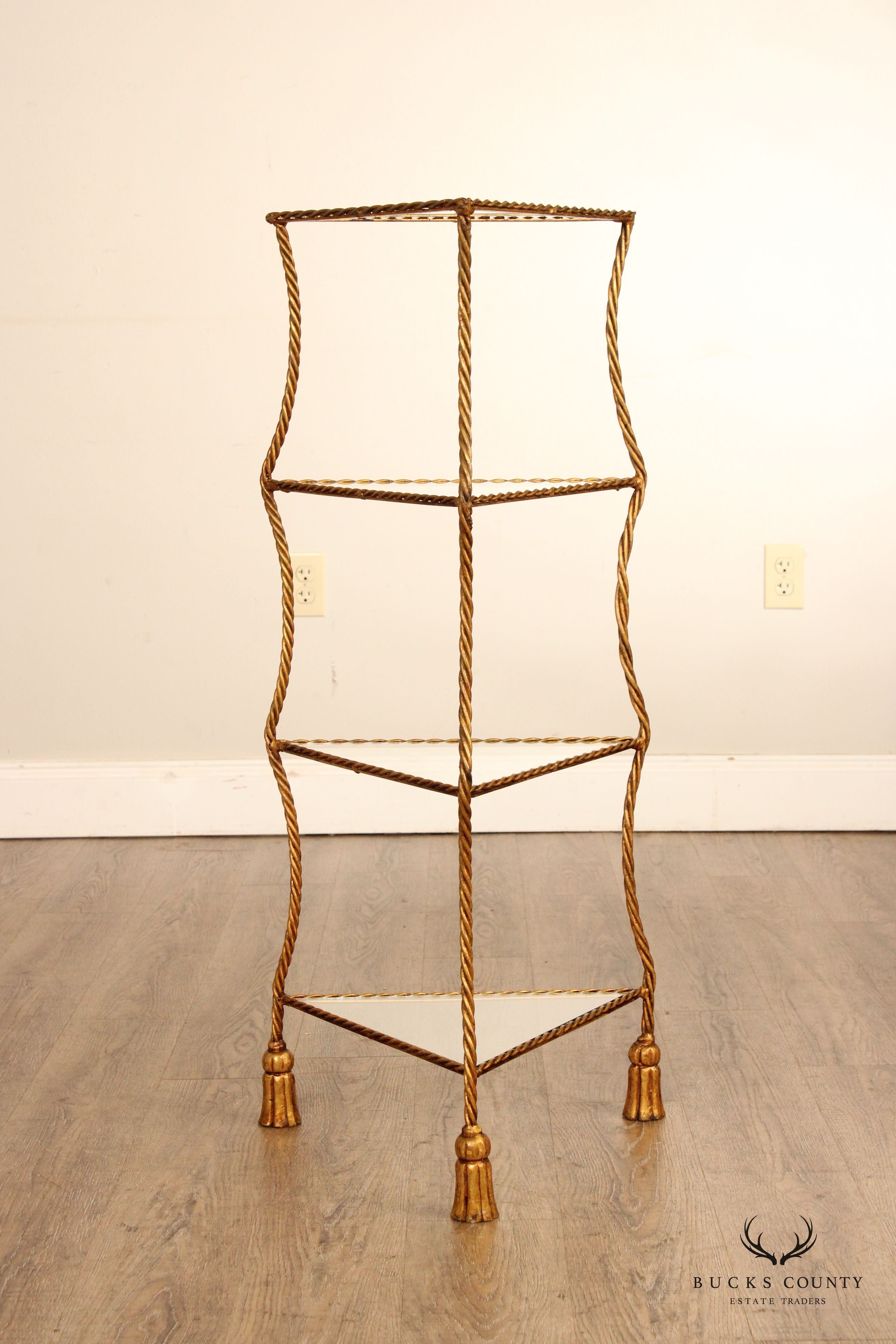 Italian Hollywood Regency Gold Painted Rope and Tassel Etagere