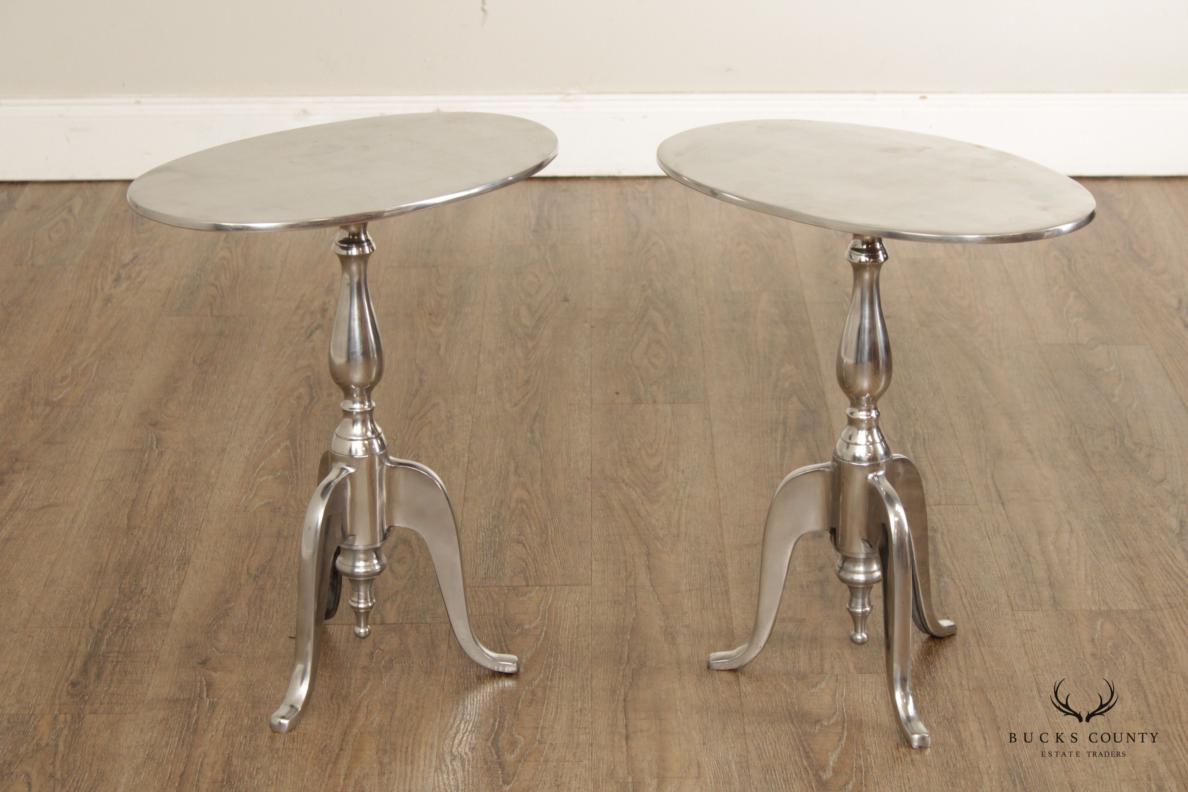 Modern Polished Aluminum Pair of Pedestal Side Tables