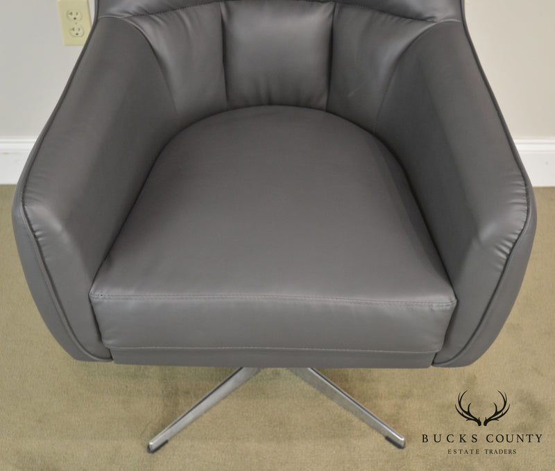 Mid Century Modern Style Grey Faux Leather Swivel Chrome Base Chair