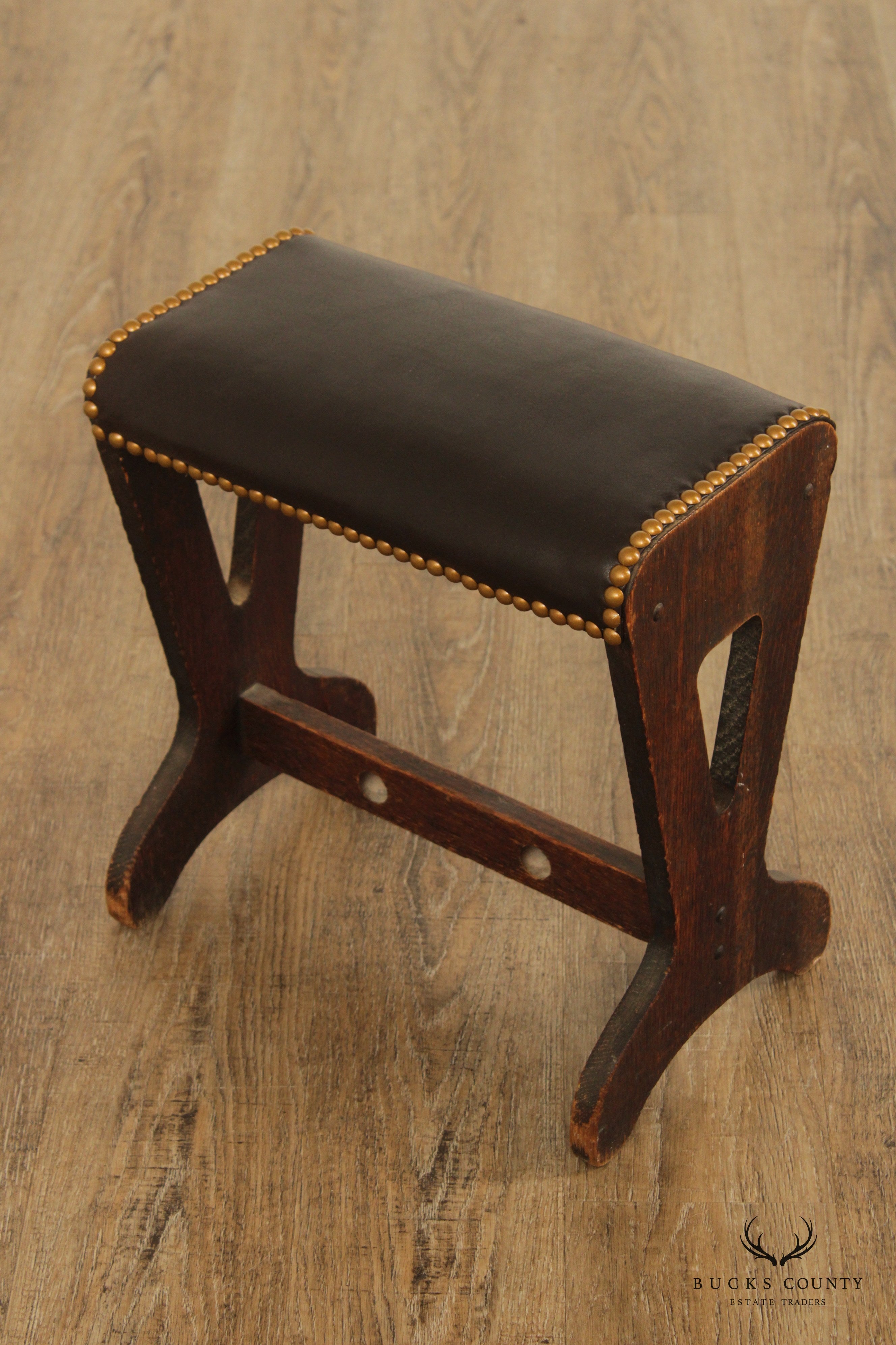 Arts & Crafts Mission Antique Oak Leather Footstool