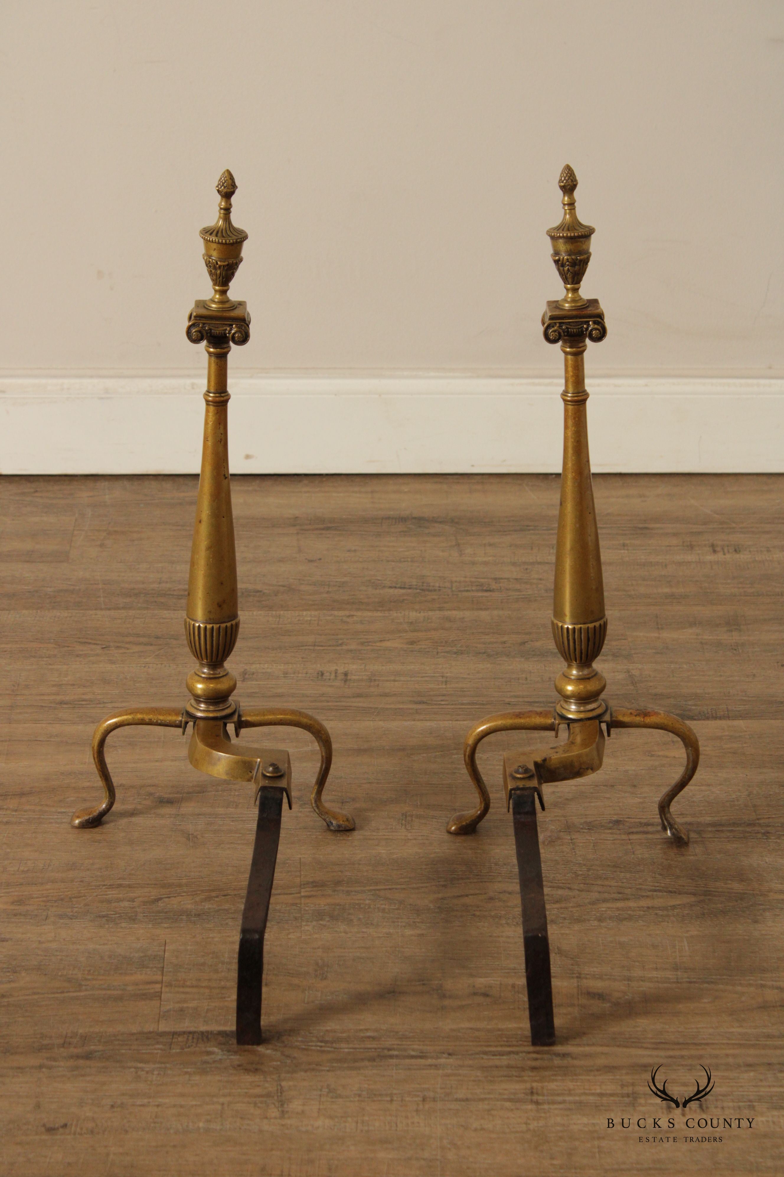 Federal Style Quality Pair of Brass Fireplace Andirons