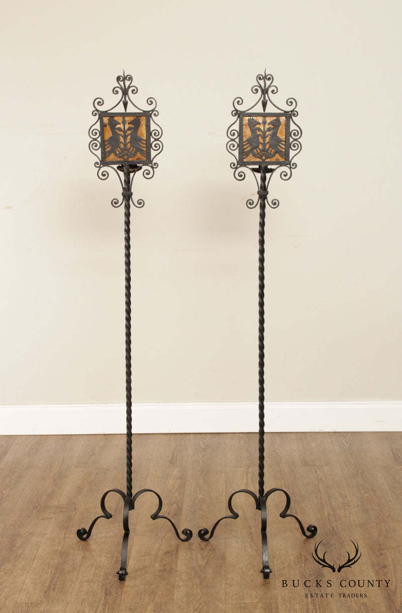 Arts & Crafts Pair Wrought Iron Candle Torchiere