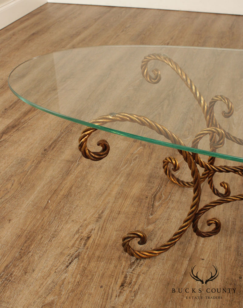 Hollywood Regency Vintage Italian Gilt Metal Rope Turned Glass Top Coffee Table