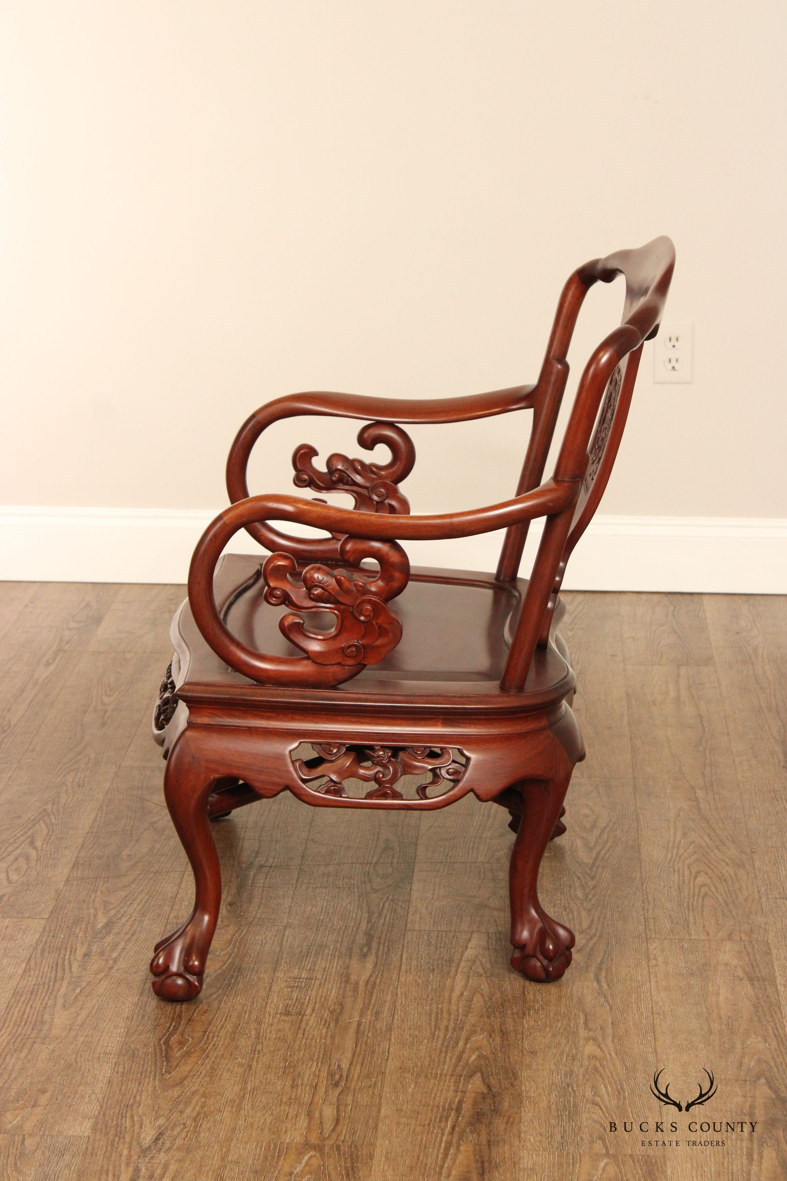 Chinese Pair of Carved Mahogany Throne Armchairs