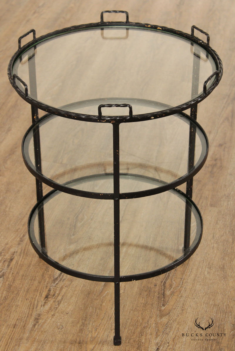 Mid Century Modern Wrought Iron & Glass Tiered Round Side Table