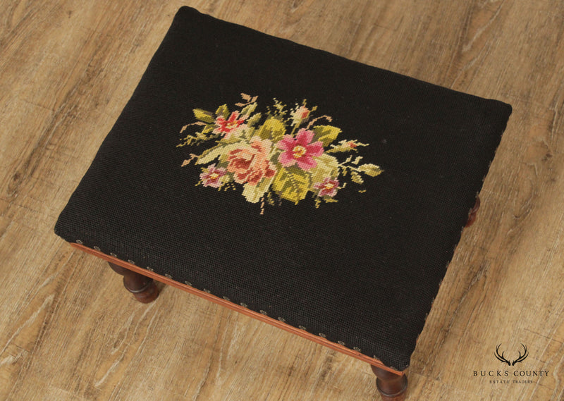 Antique Victorian Floral Needlepoint Foot Stool