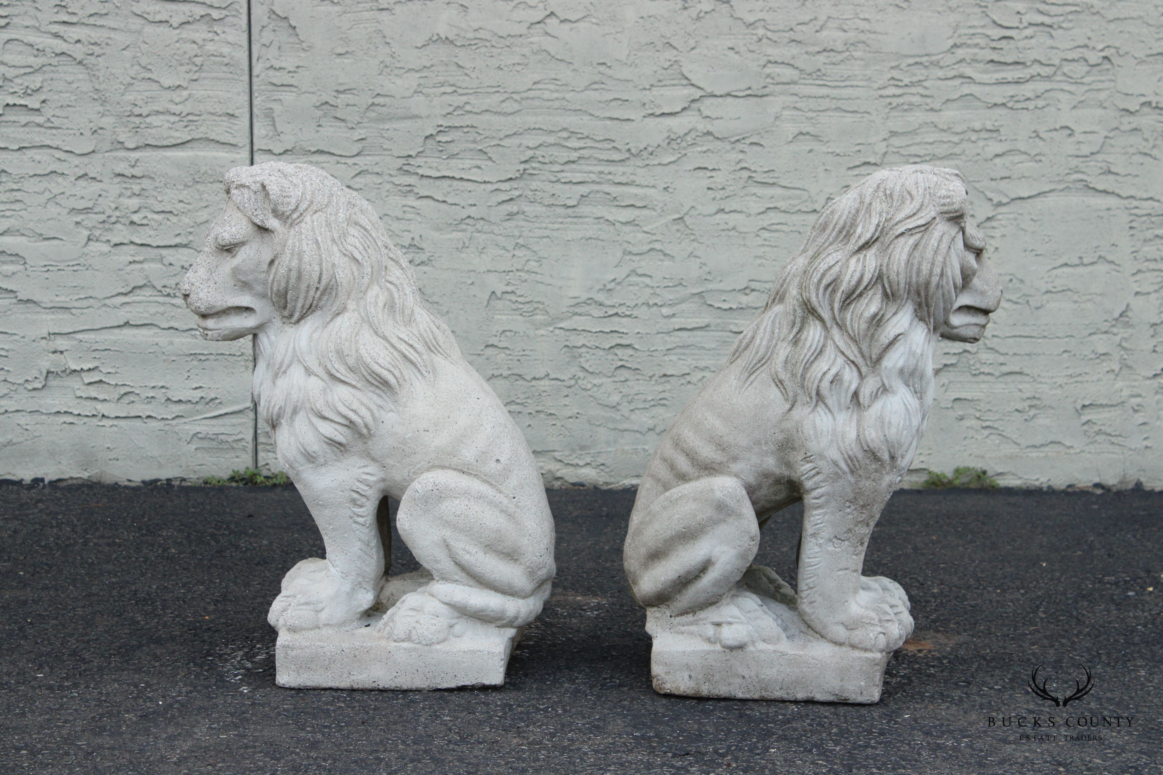 Vintage Pair Cast Stone Garden Lion Statues