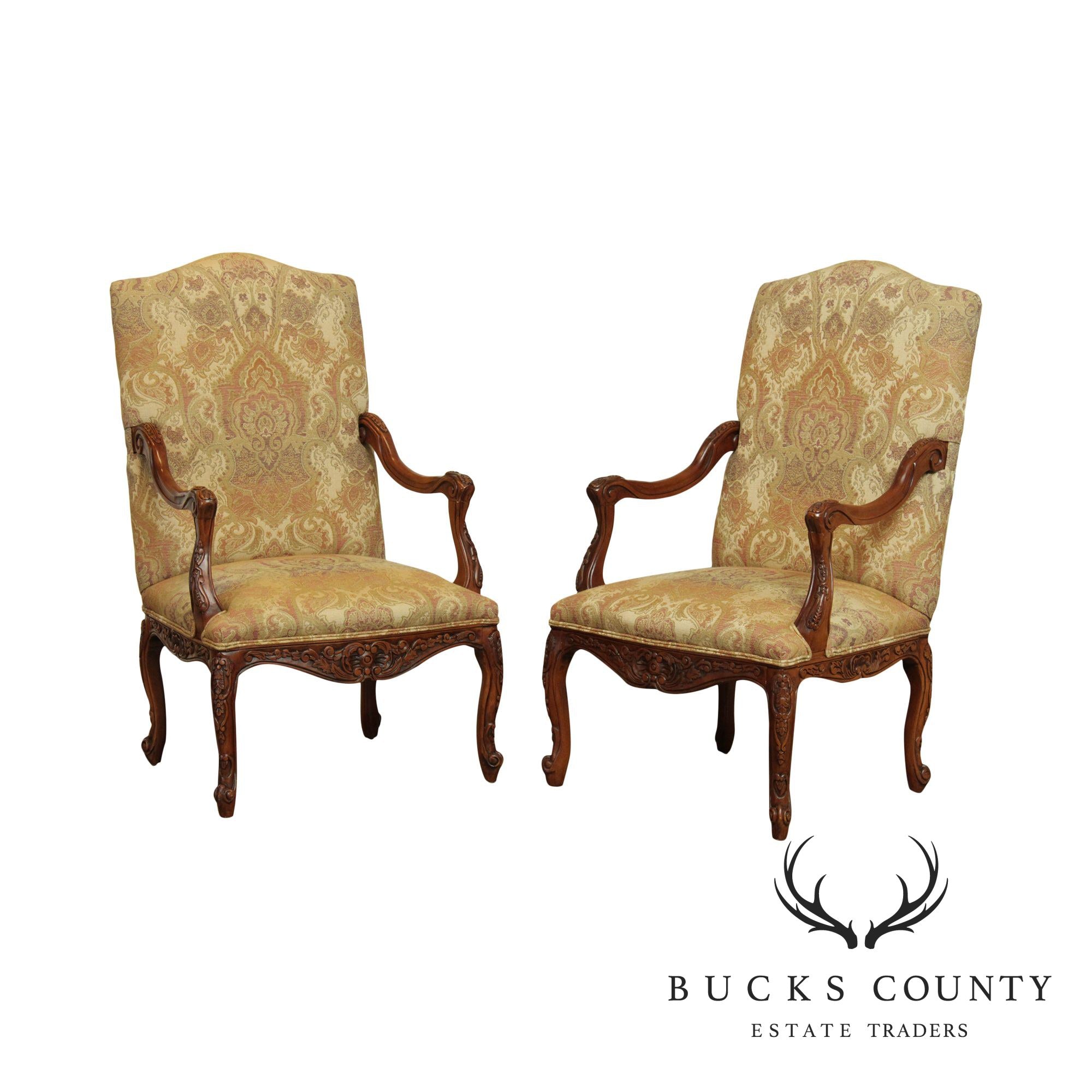 Fairfield Carved Italian Provincial Style Pair High Back Armchairs