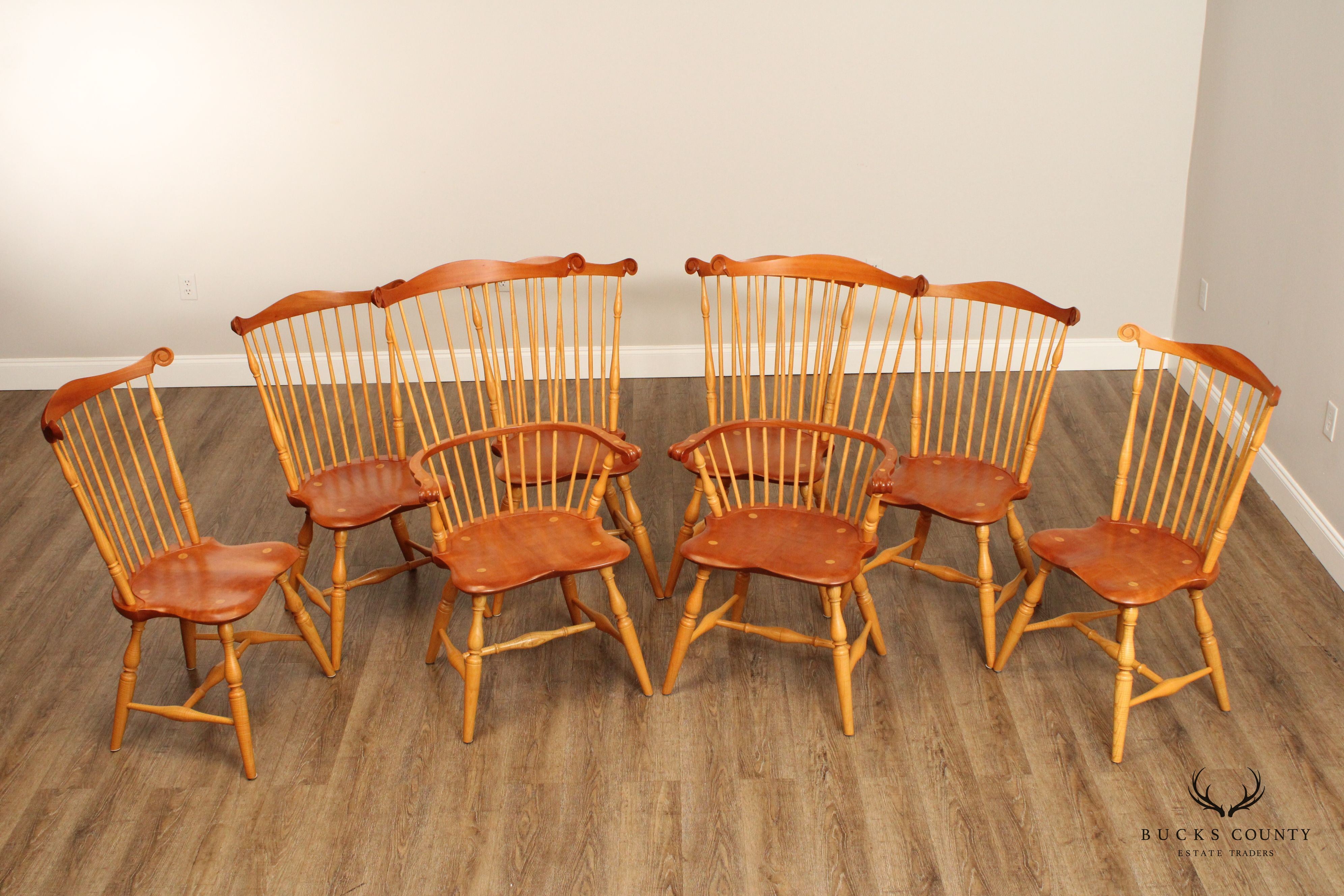 Custom Quality Set of Eight Mixed Wood Windsor Dining Chairs