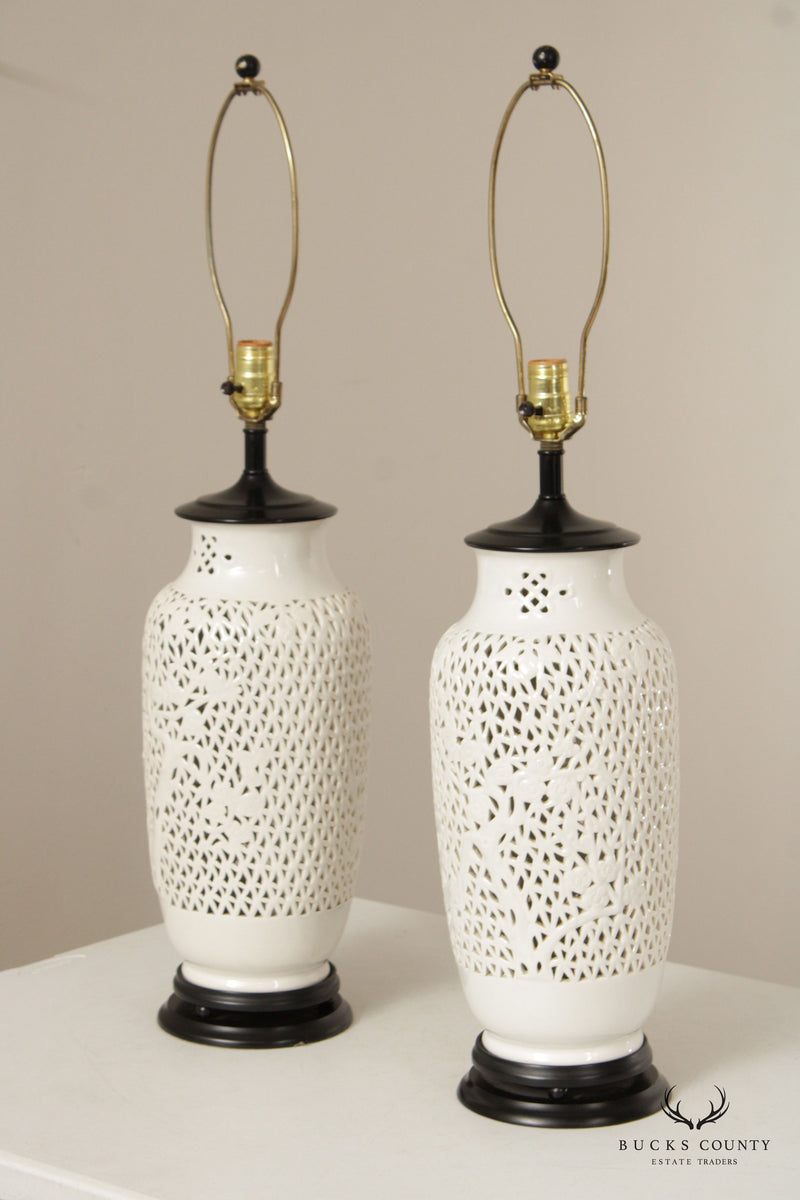 Chinoiserie Pair Of Reticulated Blanc De Chine Table Lamps