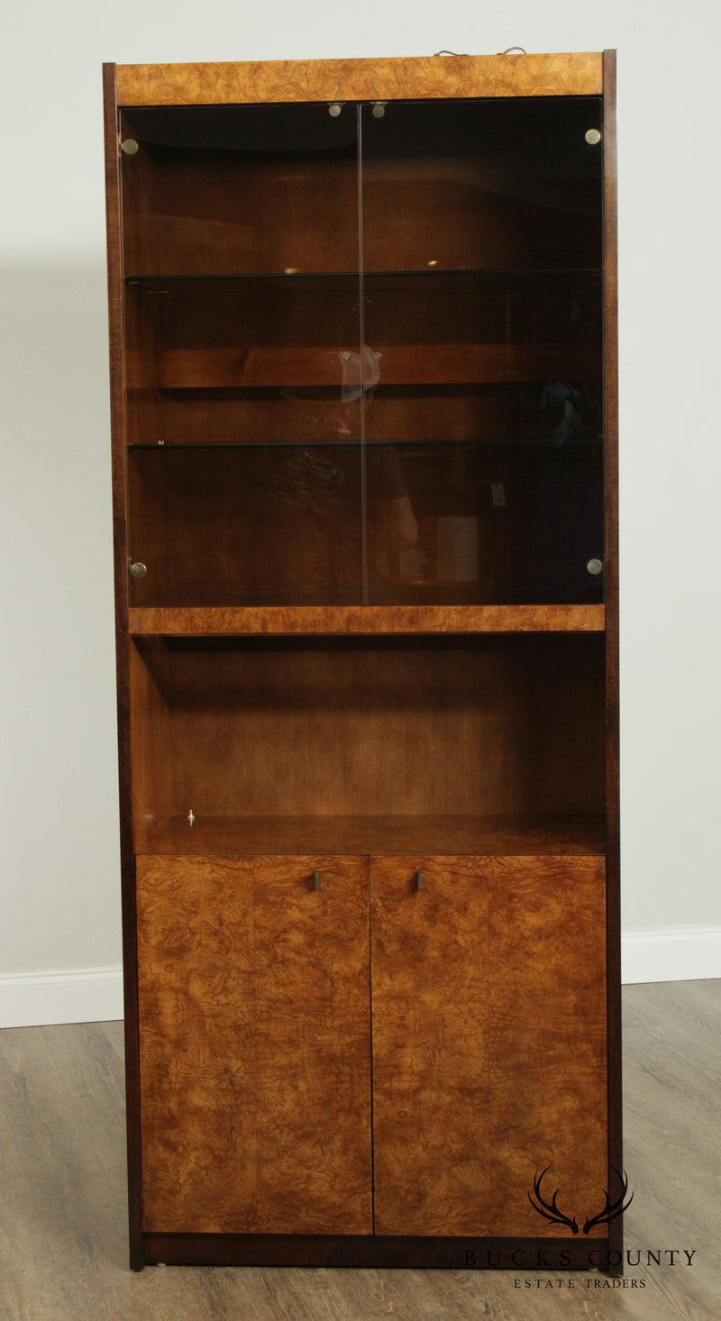 Mid Century Pair Burl Wood Glass Door Bookcase Display Cabinets