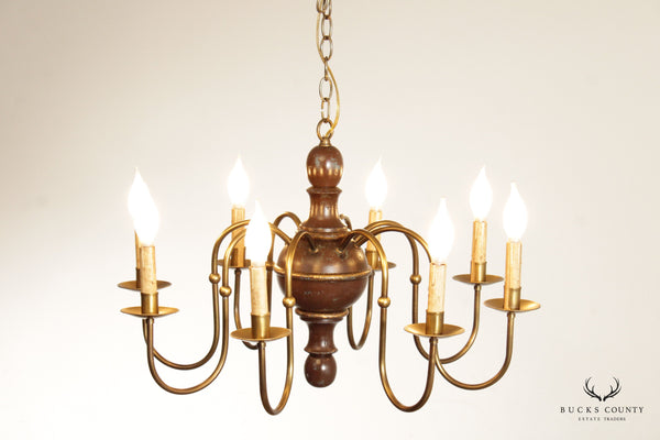 Farmhouse Style Distressed Wood and Brass Eight Arm Chandelier