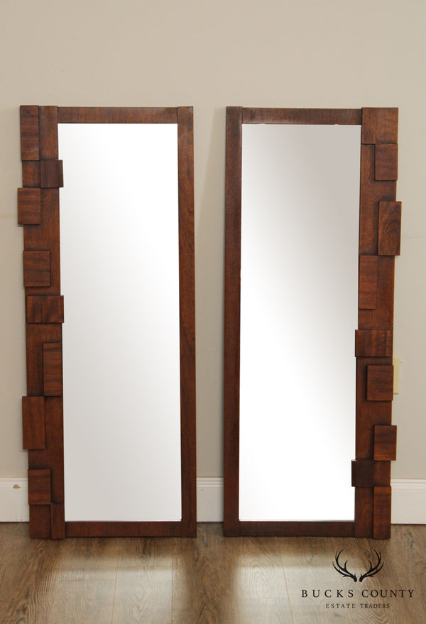 Lane Mid Century Modern Walnut Pair Brutalist Mirrors