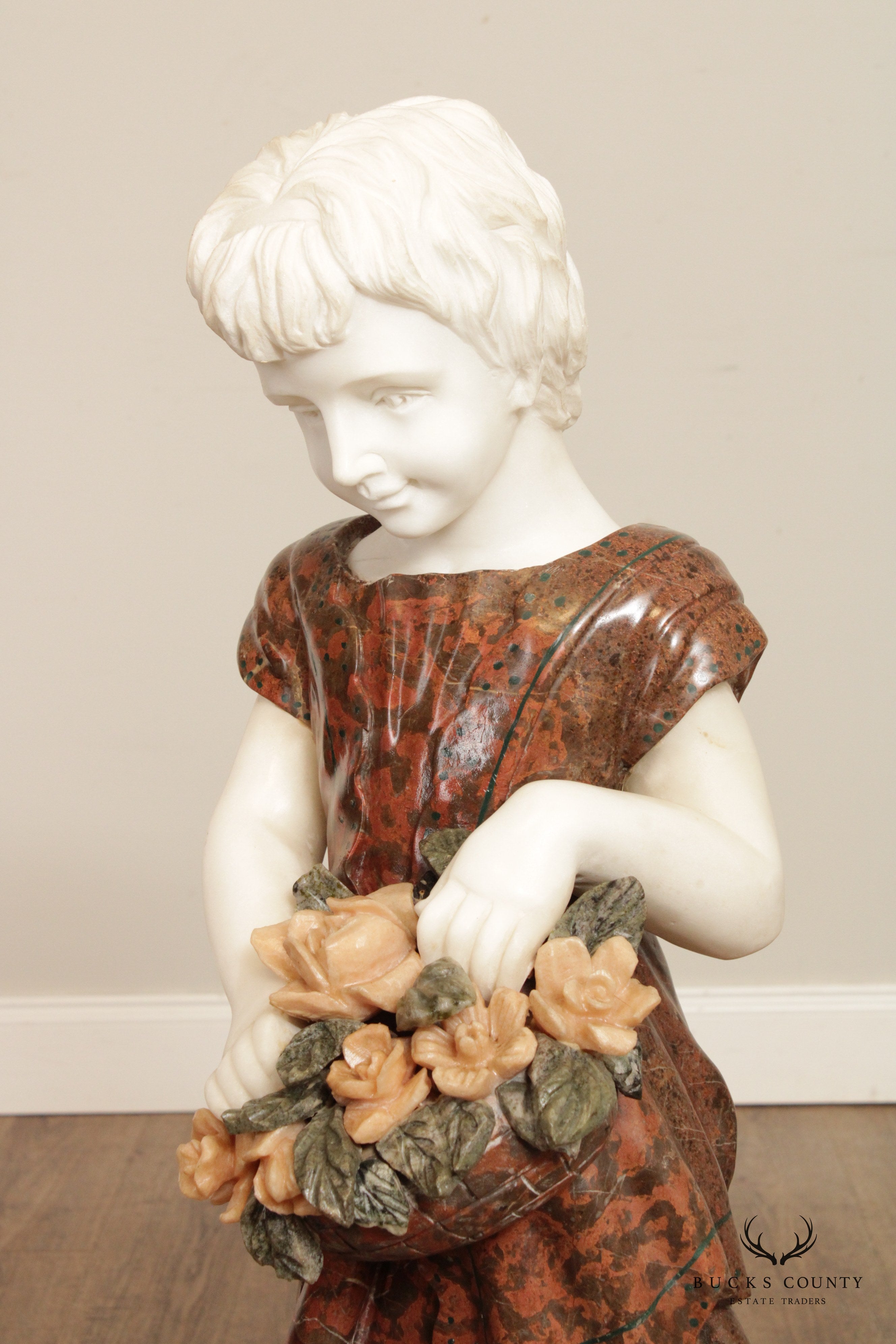 Figural Girl with Flowers Carved Marble Life-Size Statue