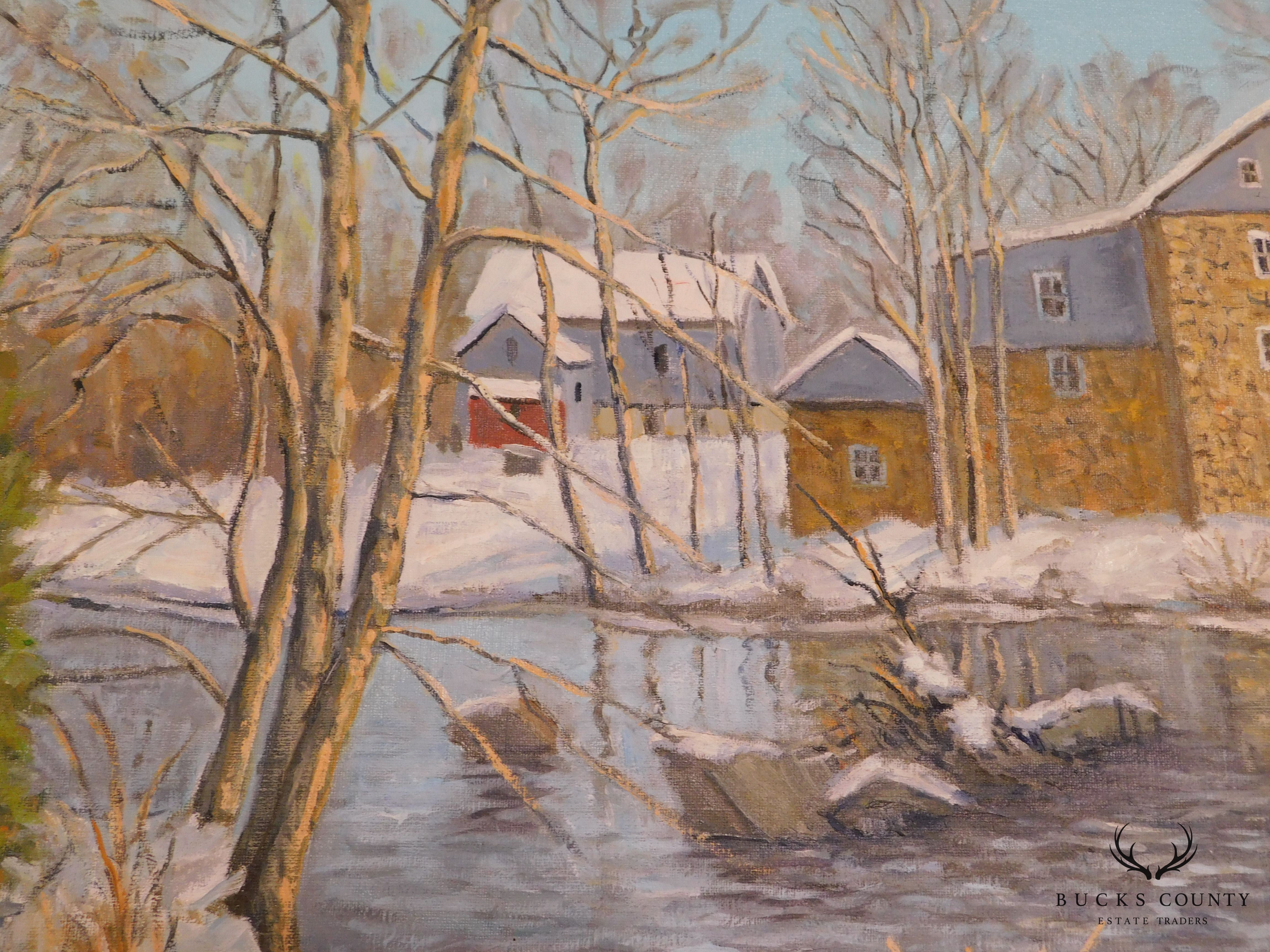 Mildred S. Gehman "Clymer's Mill" Thatcher P.A., Winter Snowy Stream Oil Painting