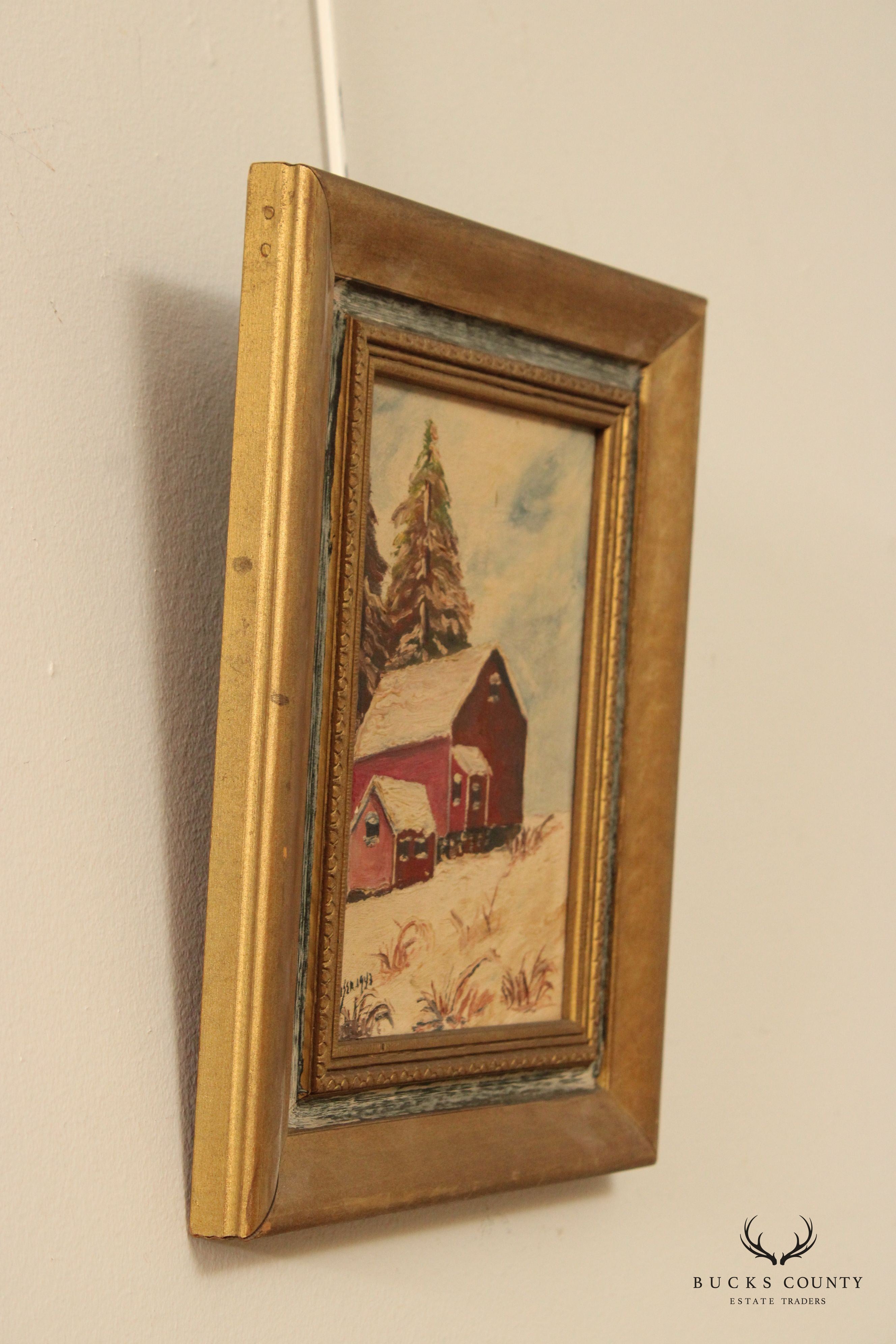 Vintage 1940s Barn Original Oil Painting, Custom Framed