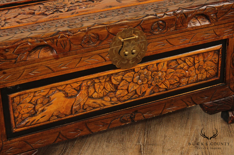 Vintage Asian Carved Wood Marriage Chest