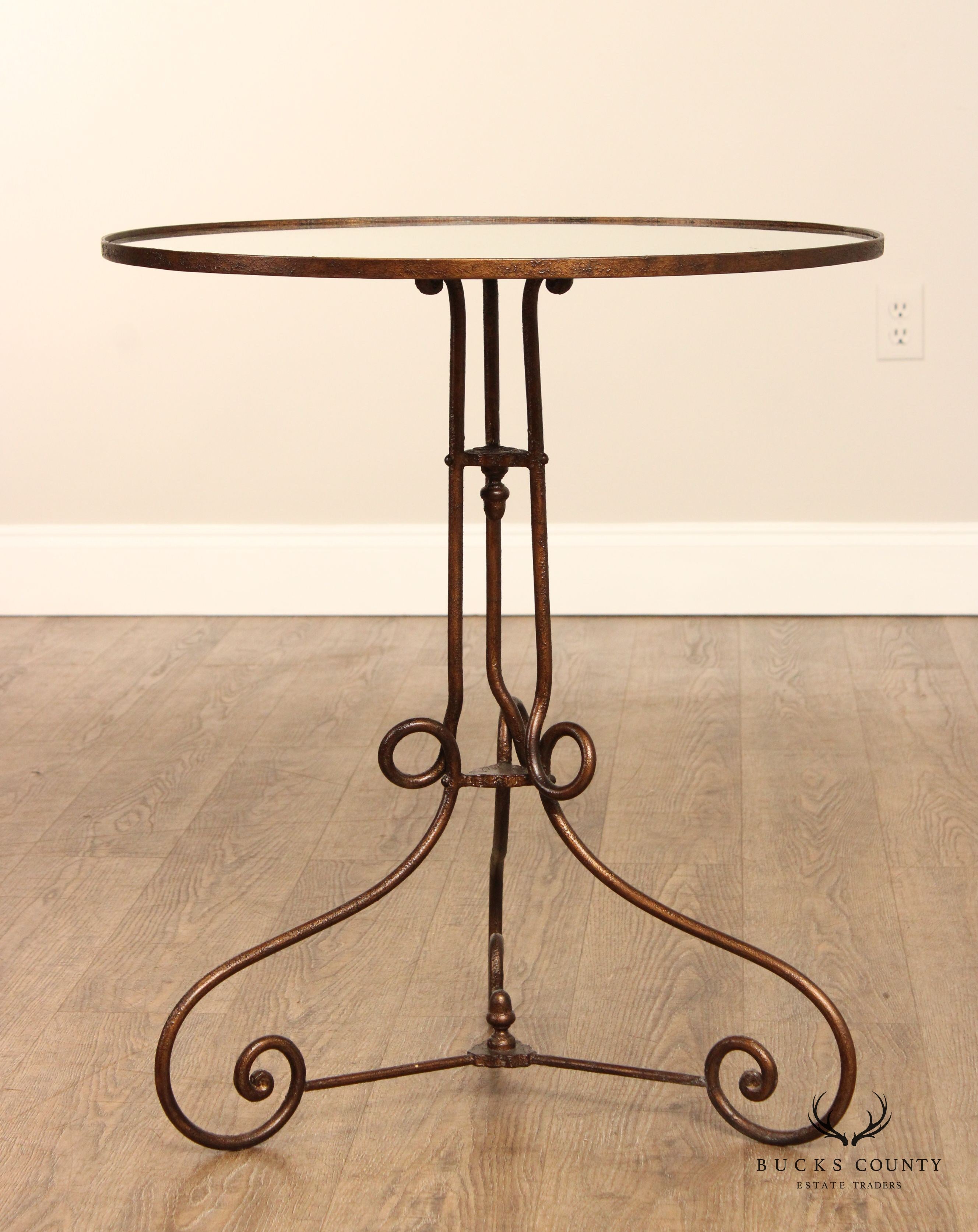 Vintage Round Mirror Top Wrought Iron Side Table