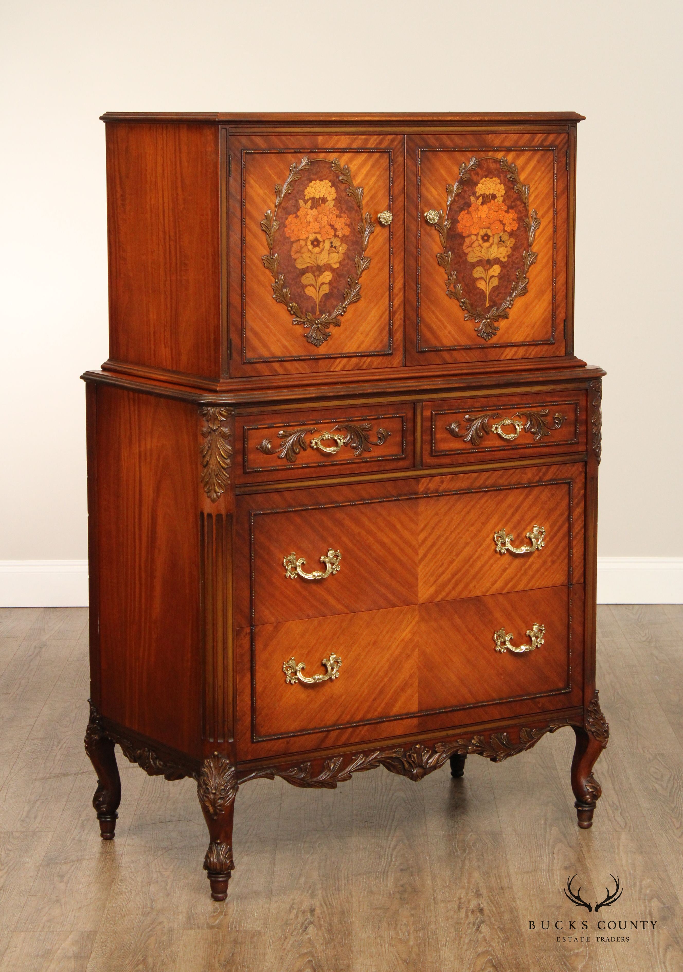 1930's French Louis XV Style Marquetry Inlaid Tall Chest