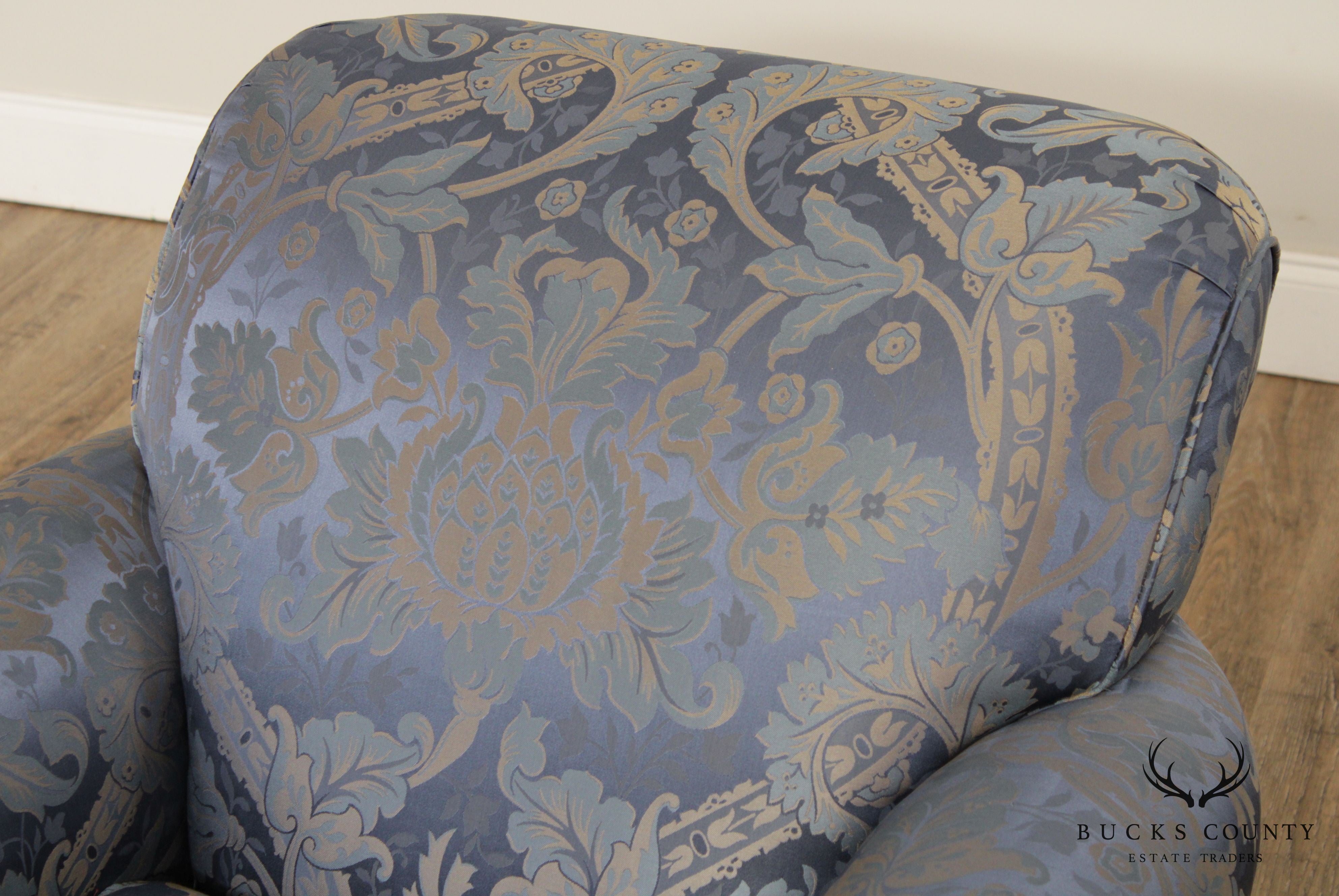 Custom Blue Damask Upholstered Living Room Chair