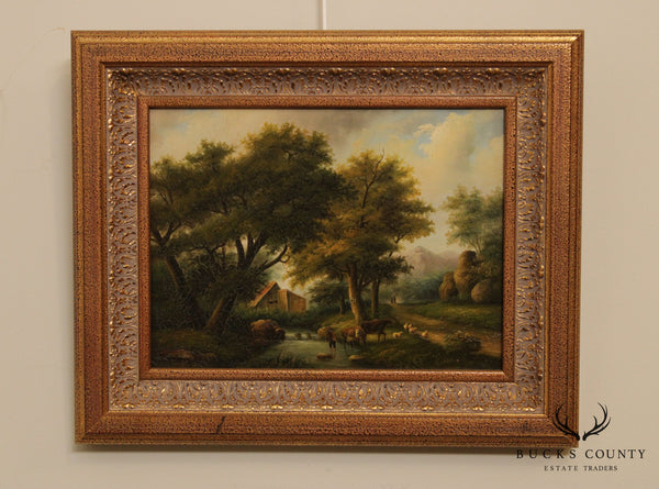 T. Williams Oil Painting on Canvas Landscape with Sheep & Cows
