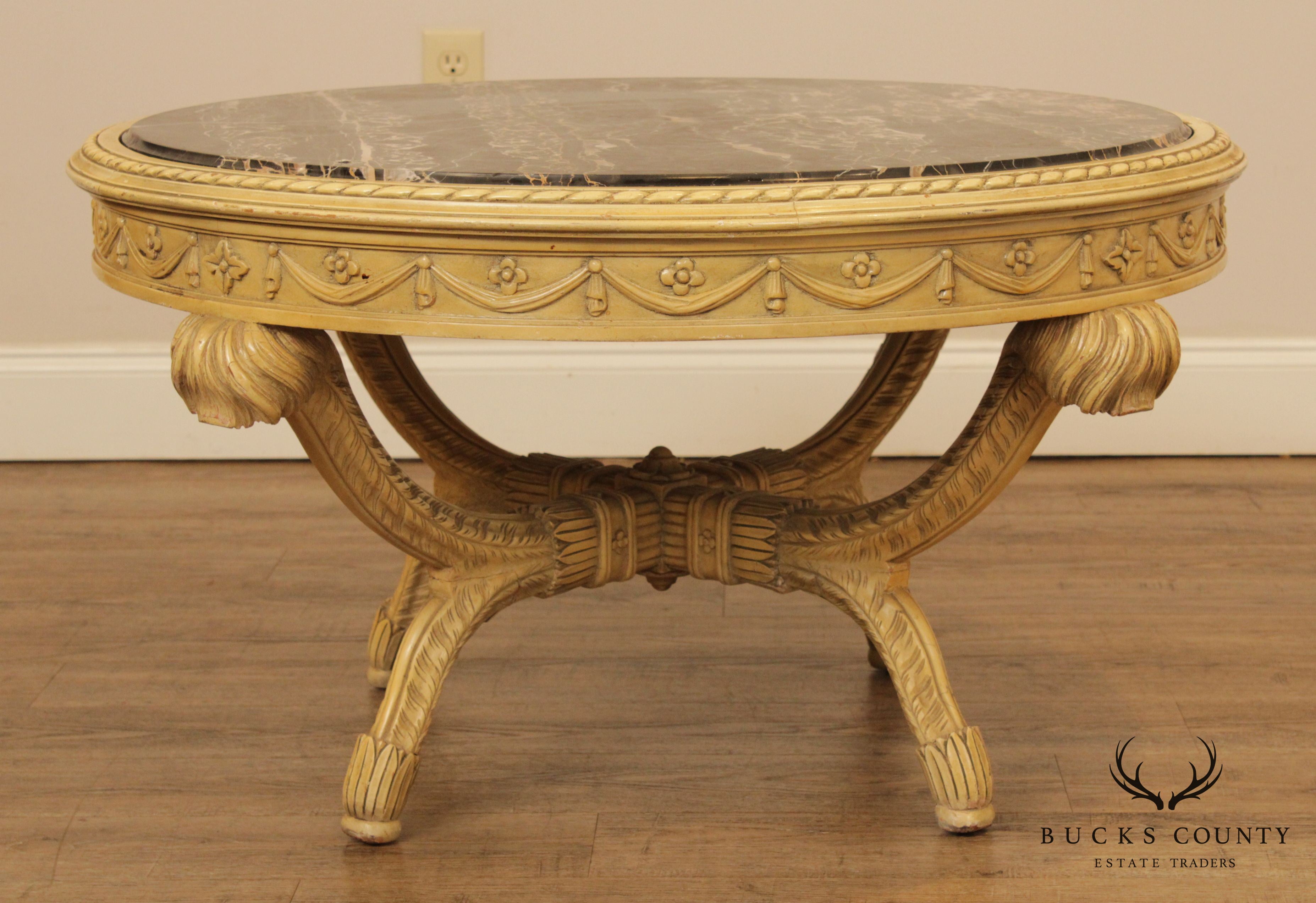 French Regency Style Vintage 1940 Round Marble Top Painted Coffee Table