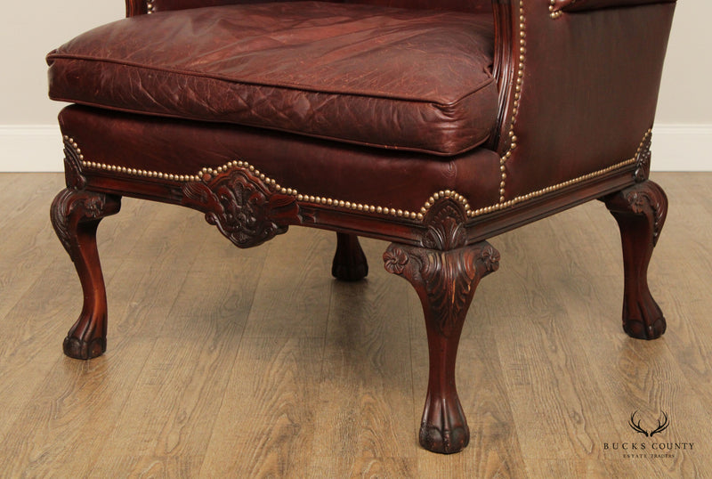 Old Hickory Georgian Style Carved Mahogany Leather Wingback Armchair