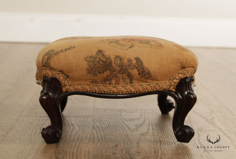 Antique Victorian Carved Rosewood Pair Custom Upholstered Footstools