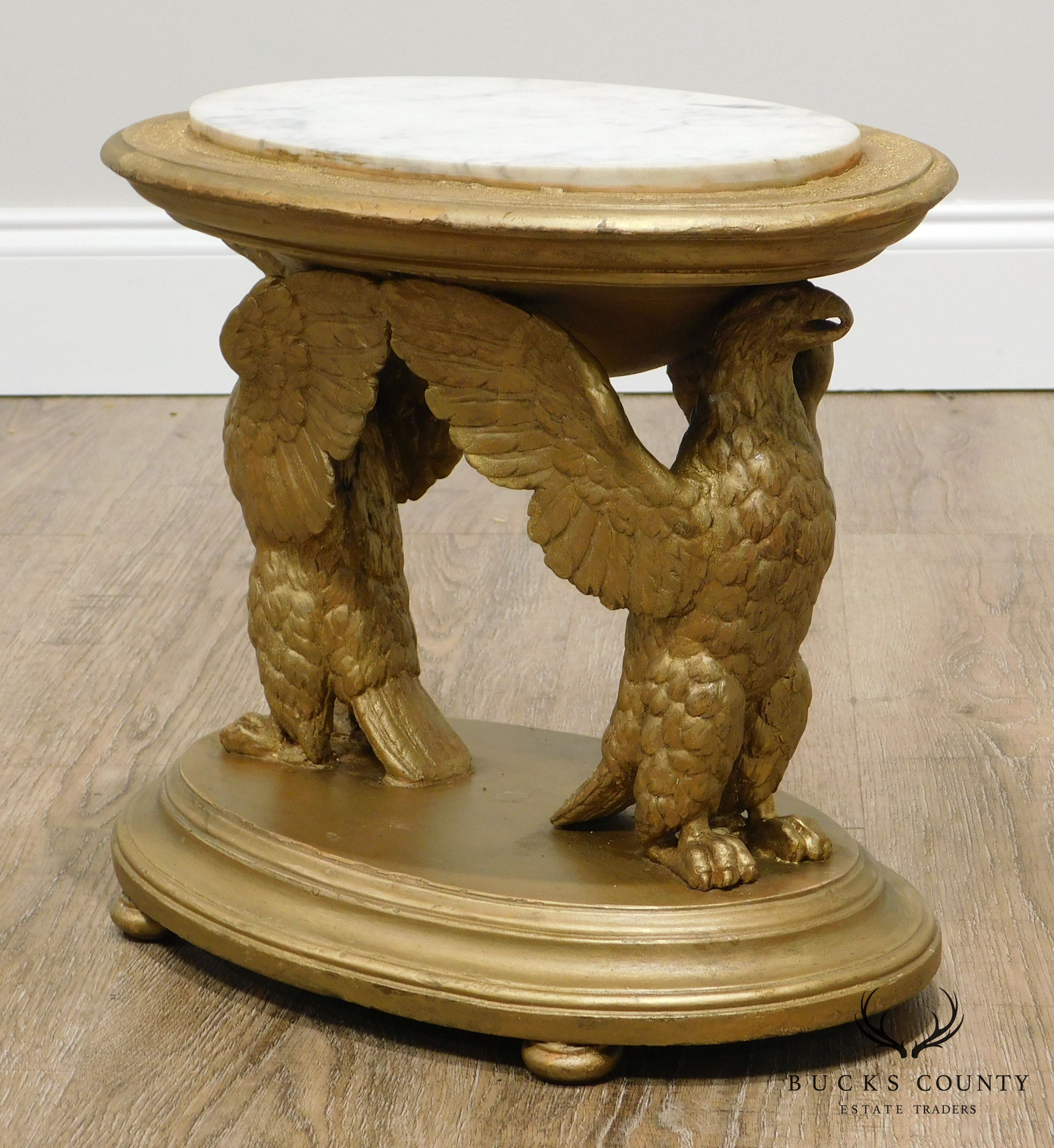 Antique Gilt Wood Carved Winged Eagle Small Marble Top Side Table