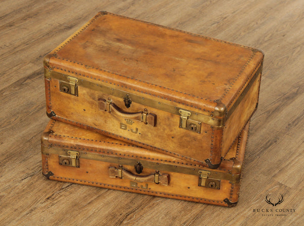 Vintage Pair of Hide Covered and Brass Bound Suitcases