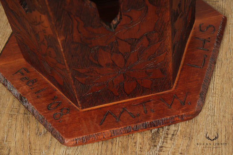 Antique Arts & Crafts Floral Pyrography Taboret Side Table