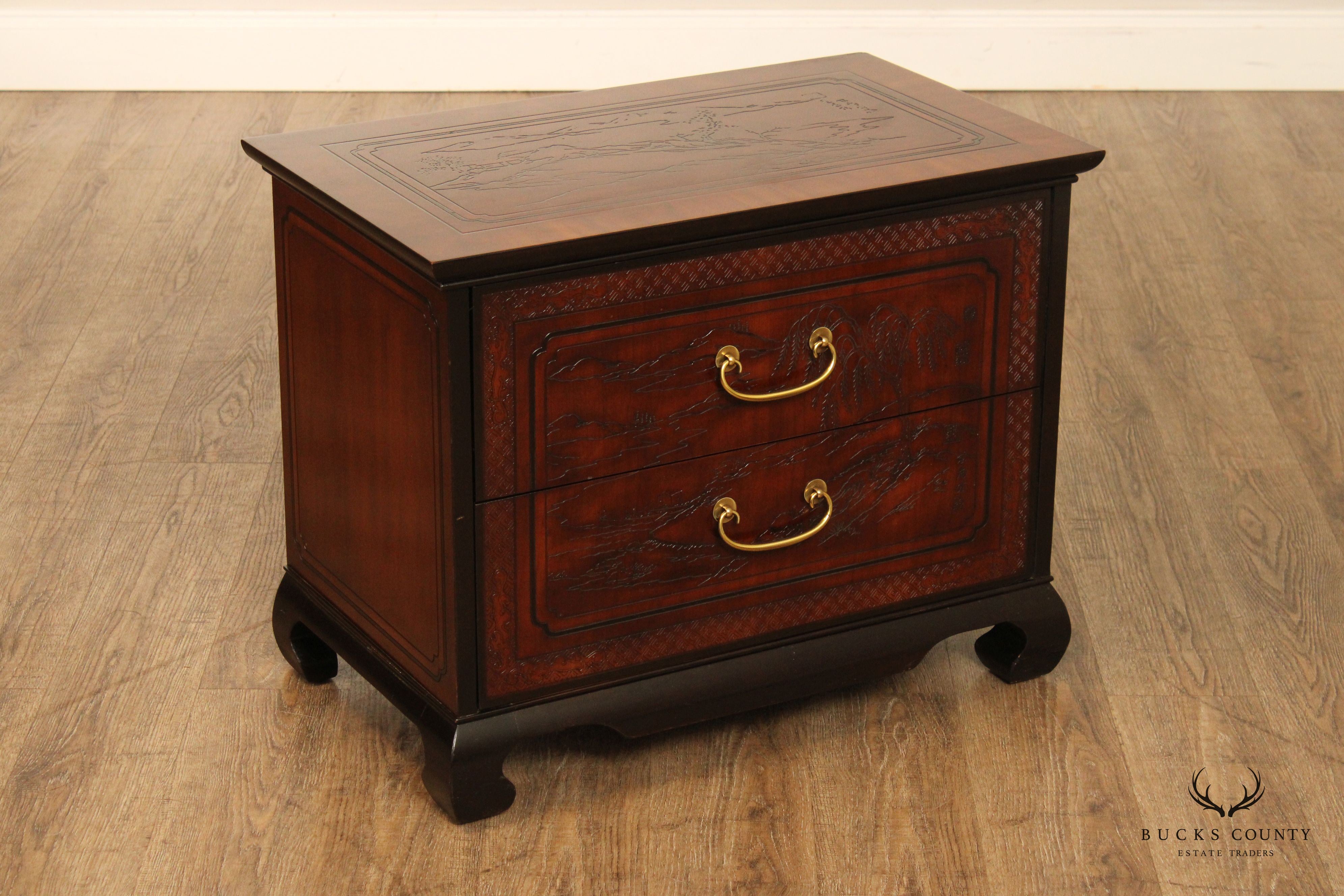 Drexel Heritage 'Conoisseur' Pair of Carved Mahogany Nightstands