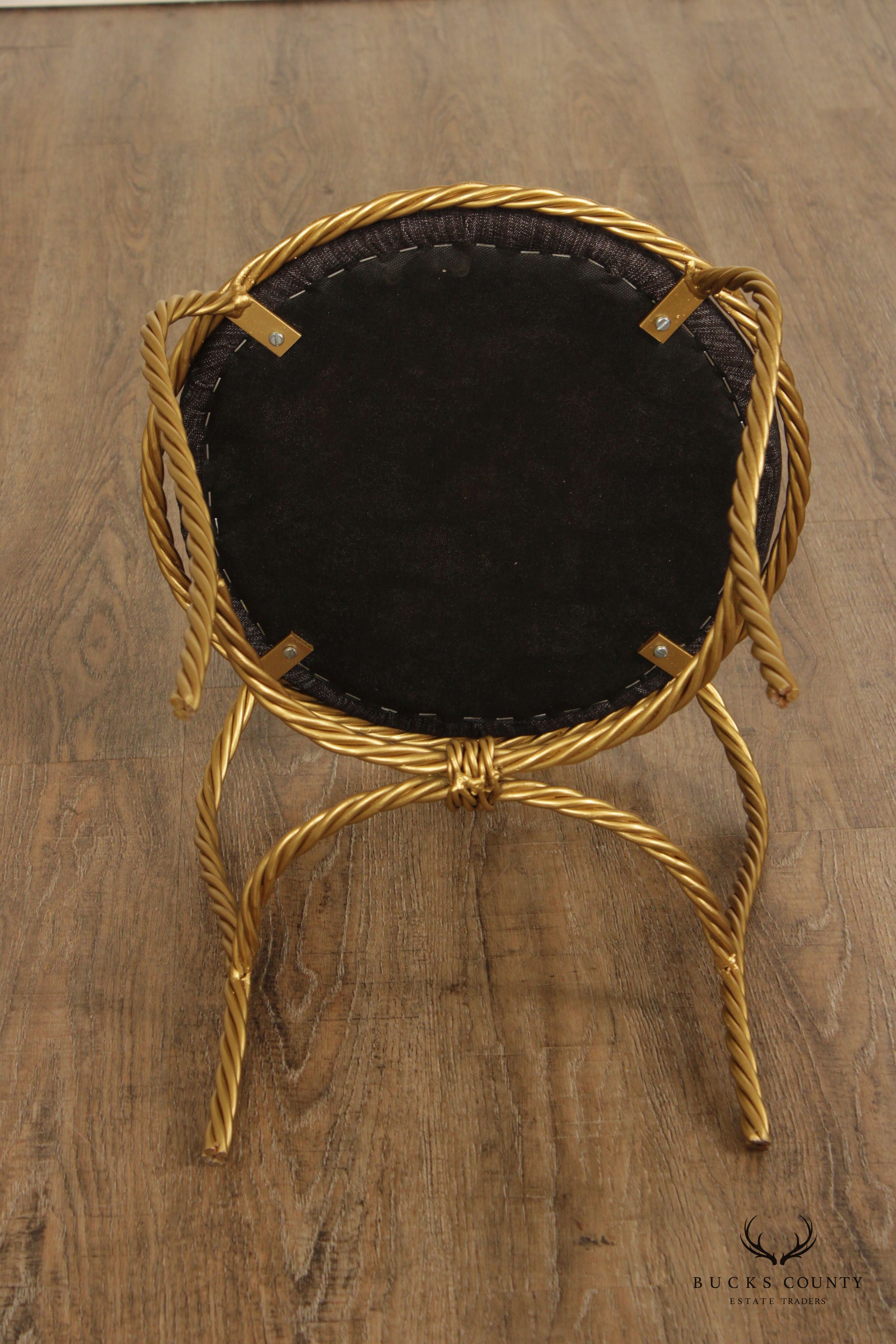 Hollywood Regency Pair of Gilt Metal Rope Twist Stools