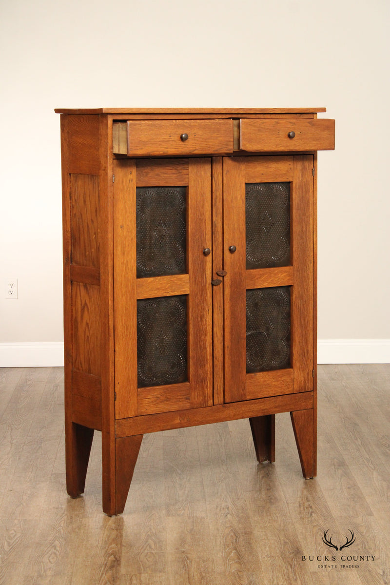 Antique American Oak and Punched Tin Pie Safe Cabinet