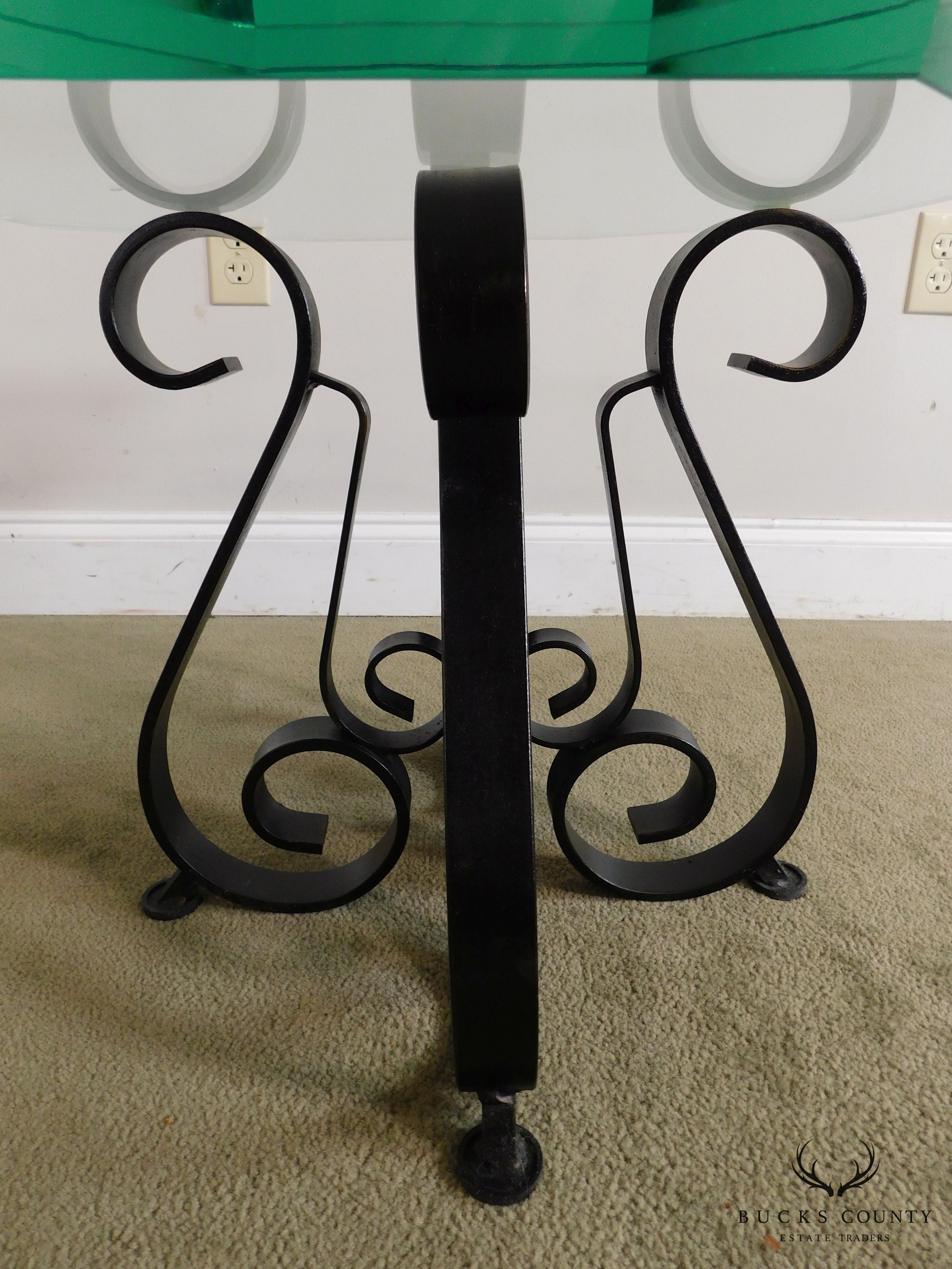 Quality Mid Century Pair Scrolled Wrought Iron Octagon Glass Top Side Tables