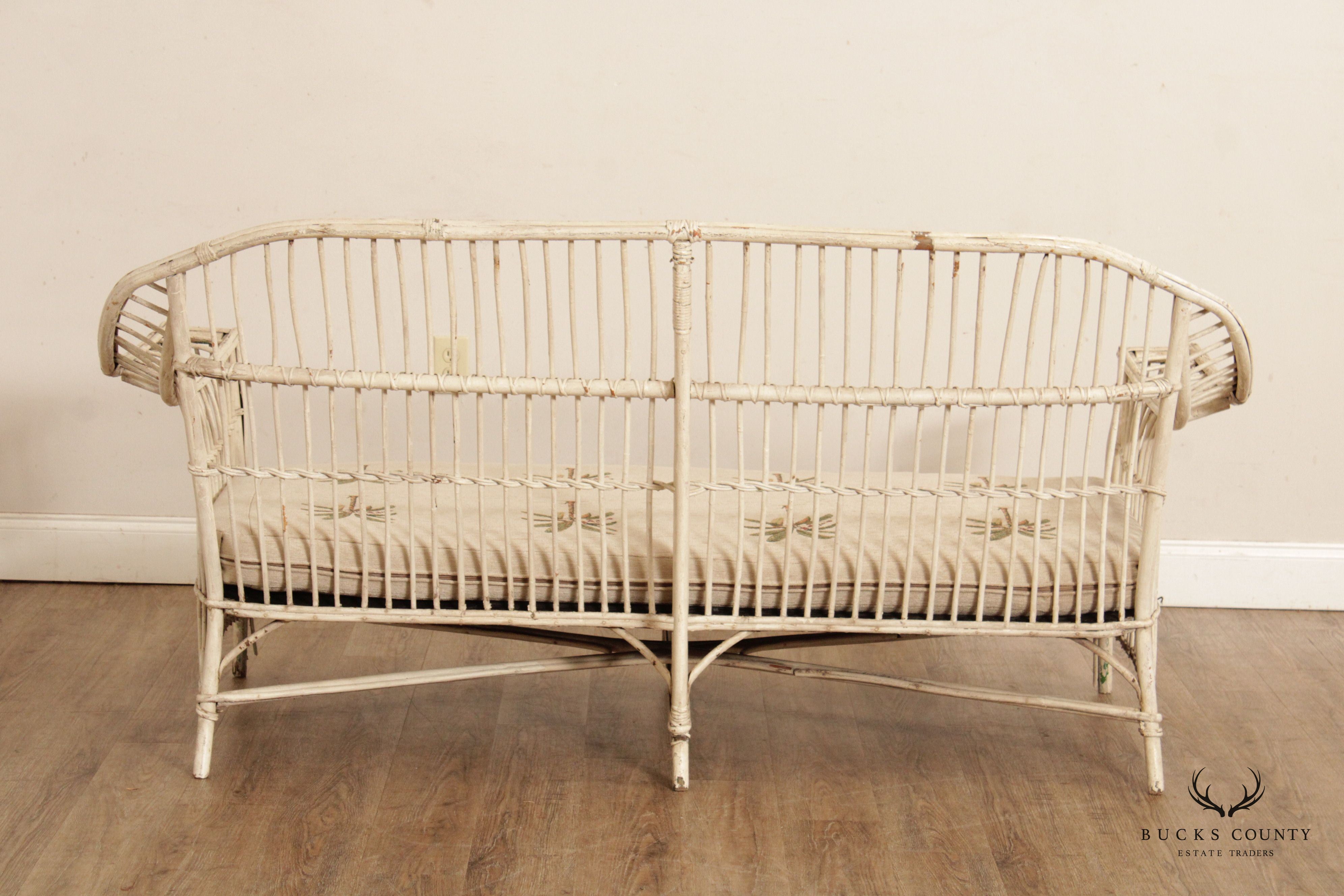 Vintage Coastal White Painted Split Reed Wicker Rattan Sofa