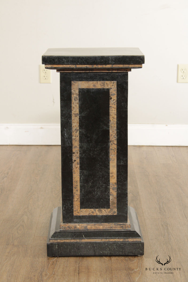 Neoclassical Vintage Black Tessellated Marble Column Pedestal