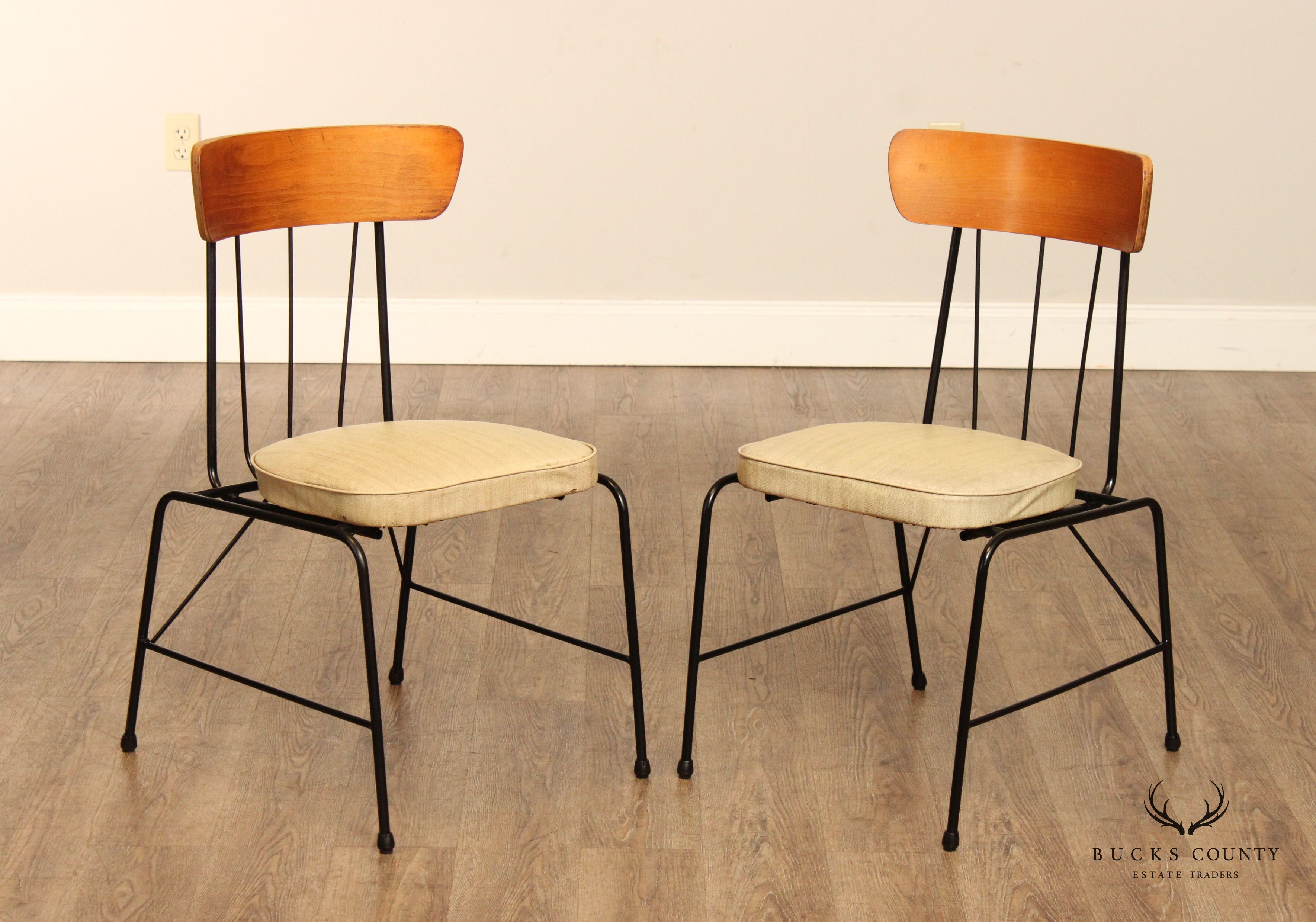 Mid Century Modern Pair Of Wrought Iron And Maple Side Chairs