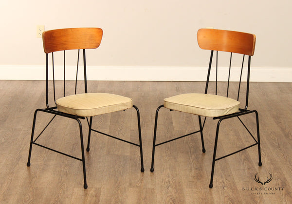 Mid Century Modern Pair Of Wrought Iron And Maple Side Chairs